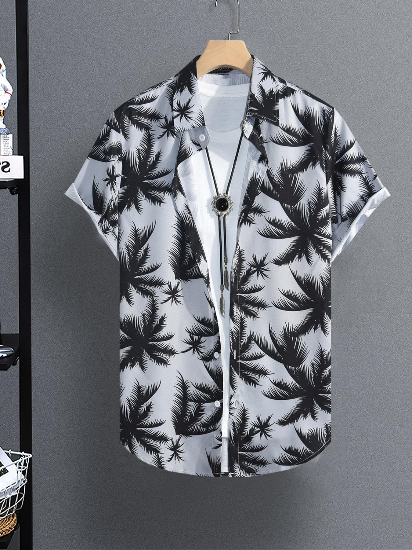Men's All Over Tropical Palm Tree Print Button Front Shirt, Regular Fit Casual Printed Short Sleeve Collared Top for Summer, Men's Clothes for Beach Vacation