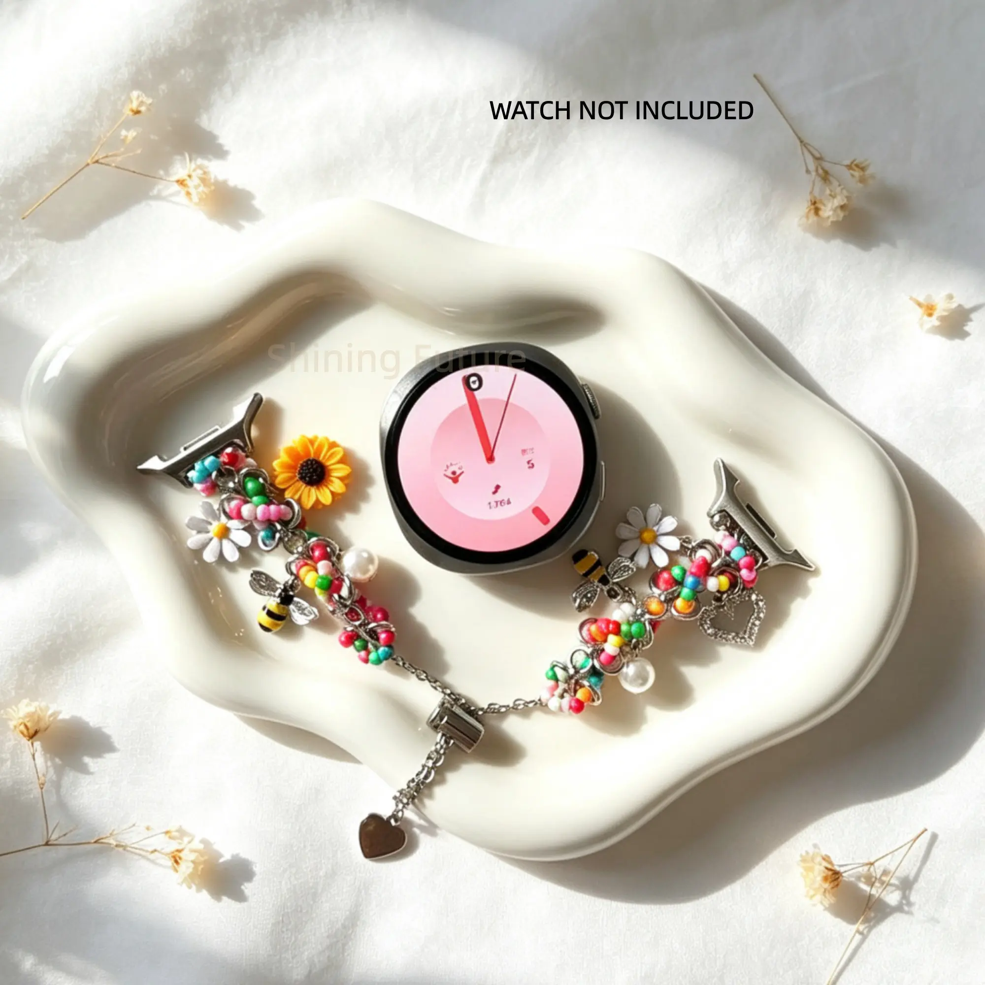 Metal Chain Flower Pendant Strap for Galaxy Watch 9/8/Classic 40/44/46mm Compatible | Luxury Chain Strap for Samsung Galaxy Watch 9 40mm 44mm/8 Classic 46mm, Women's Strap Love Pendant Replacement Strap