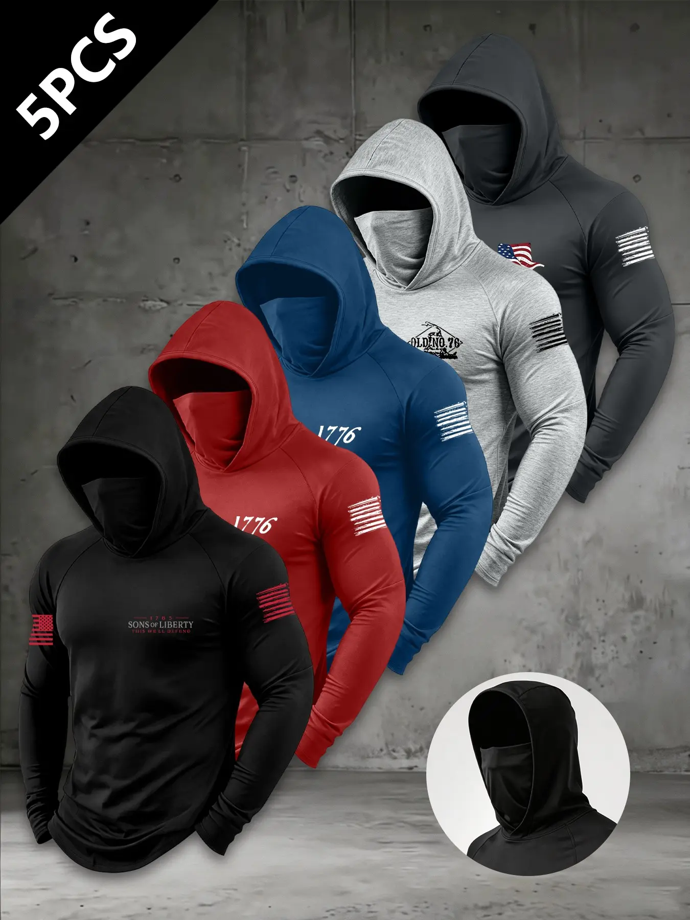 5-Pack Men's Hooded Sun Protection Quick-Dry Breathable Workout Clothes, Flag Pattern Print, Casual Long Sleeve, All Seasons