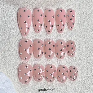 Nude Bling Press On Nails | Medium Almond/Short Oval/Extra Short Oval,10pcs Handmade glossy natural nude pink nails with scattered silver rhinestone accents,elegant minimalist bridal daily reusable fake nails