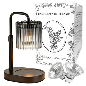 Liftable Universal Curved Tube Candle Warmer Transparent Carved Glass Shade Anti Slip Wood Tray Base Dual Spare Halogen Bulbs Living Bedroom Ambient Melting Lamp