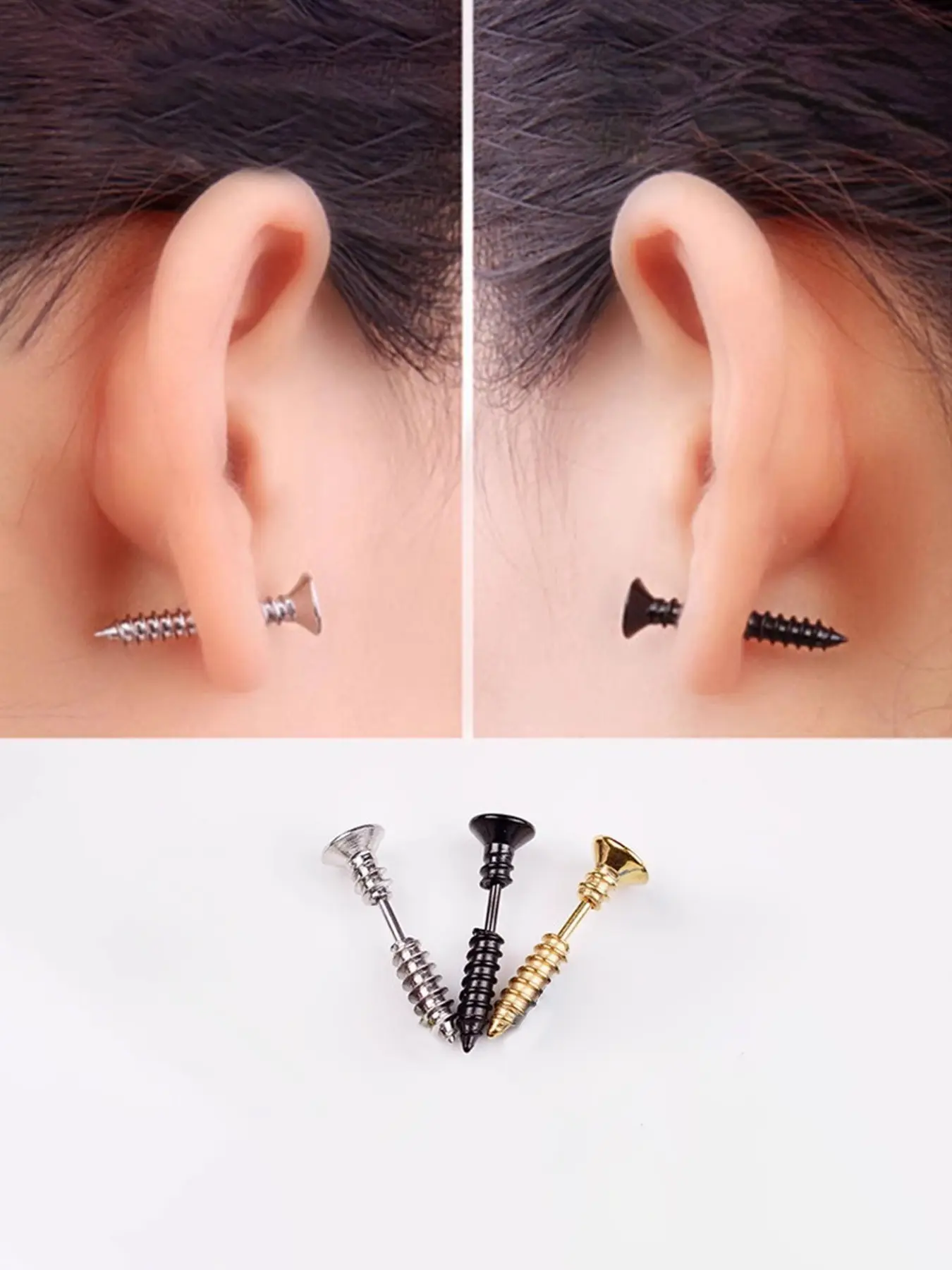 3 Pcs Screw Pin Earrings, Unisex Punk Stainless Steel Piercing Ear Studs, Threaded Ear Jewelry for Men and Women, Fashion Accessory