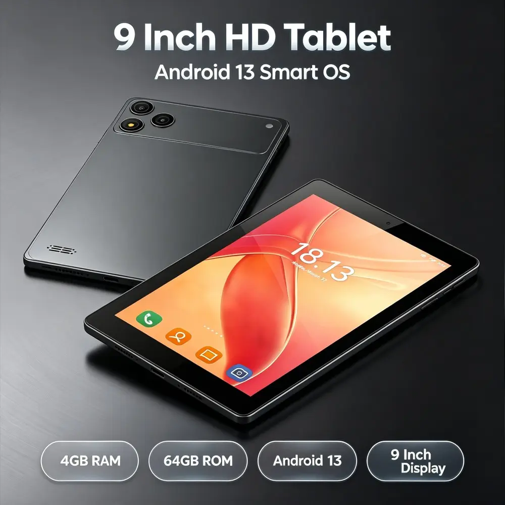 9-inch Android tablet with Android 13 system supporting WIFI, Bluetooth function, 4GB RAM, 64GB ROM, dual cameras, high aesthetic appearance
