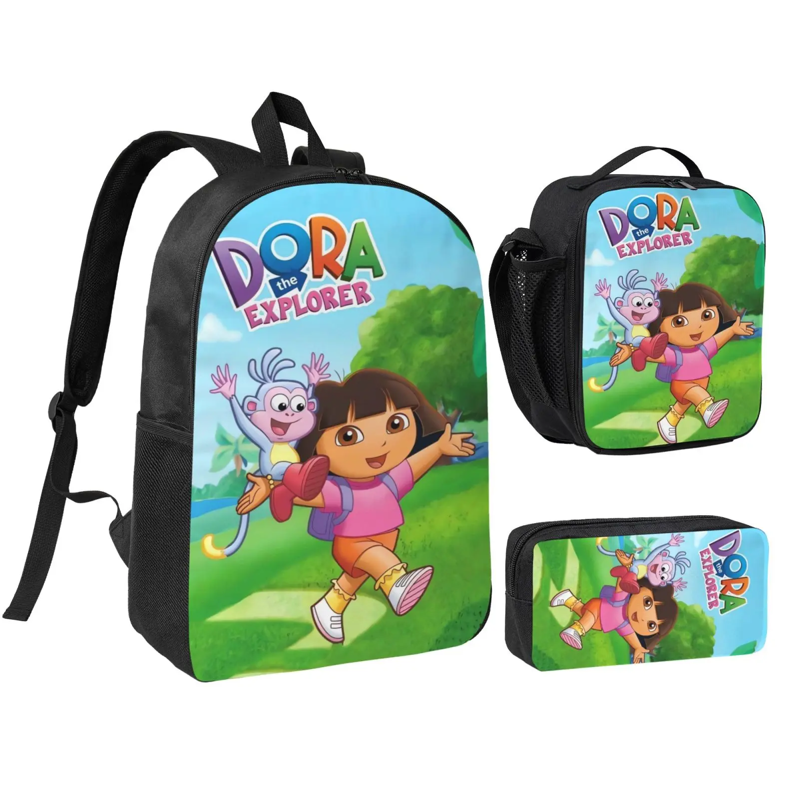Unisex Dora The Explorer4 3Pcs Anime Backpack Set for Teen Boys Girls, Adjustable Strap School Bookbag with Insulated Lunch Bag & Pencil Case, Lightweight Daypack for School Travel Office