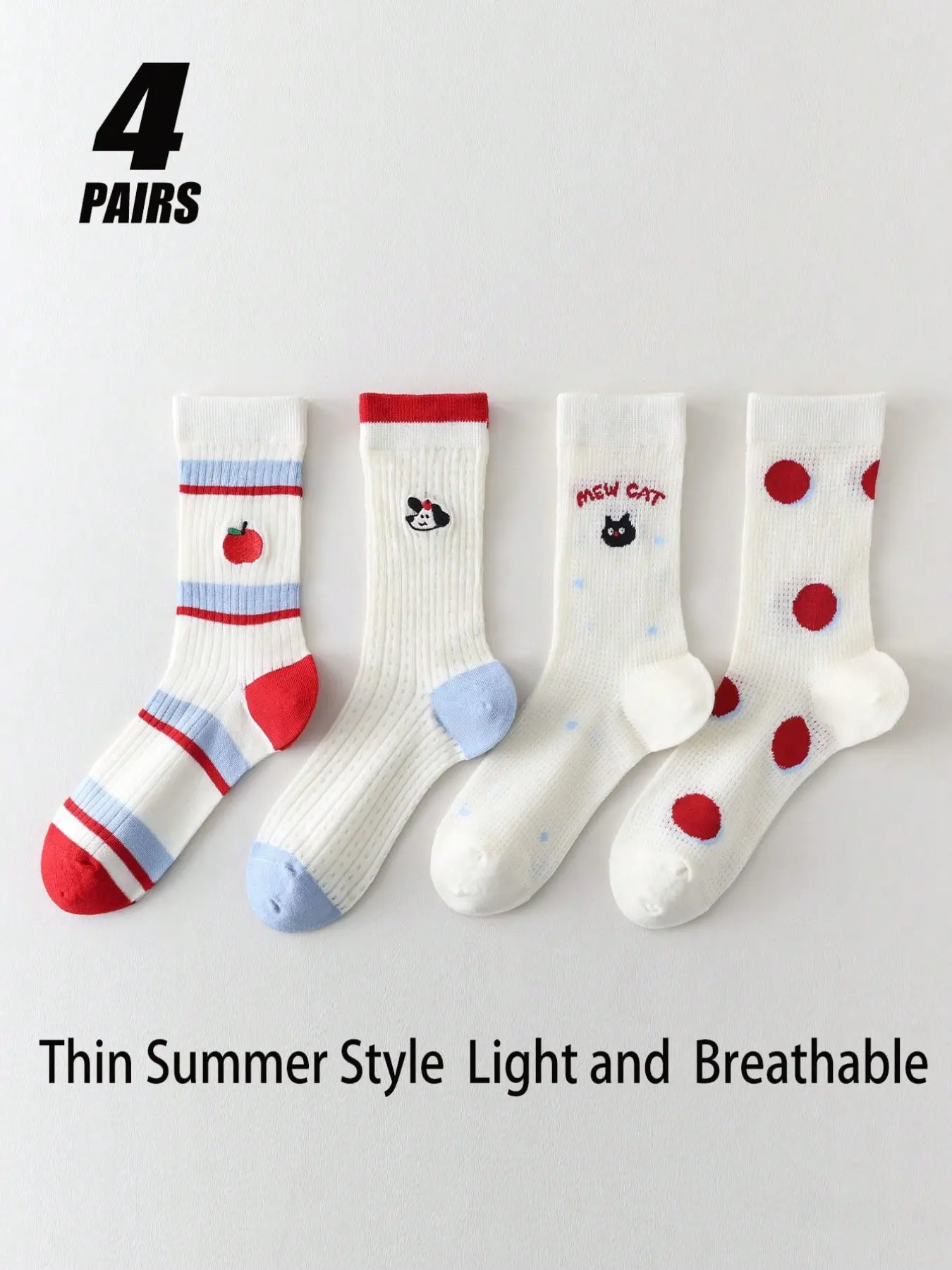 4 Pairs Women's Summer Mesh Crew Socks, Cartoon Cat Dog Apple Embroidery Polka Dot Striped, Lightweight Breathable Casual Daily Socks