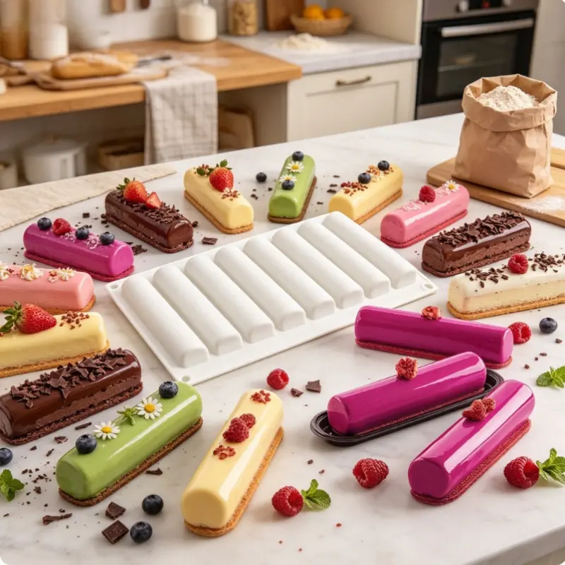 1pc long cylindrical silicone cake mold, 8-cavity high-efficiency bar production line, non-stick, neatly arranged for easy demolding, used for cakes and chocolate, uniform cutting baking tool Nonstick Baking Mold