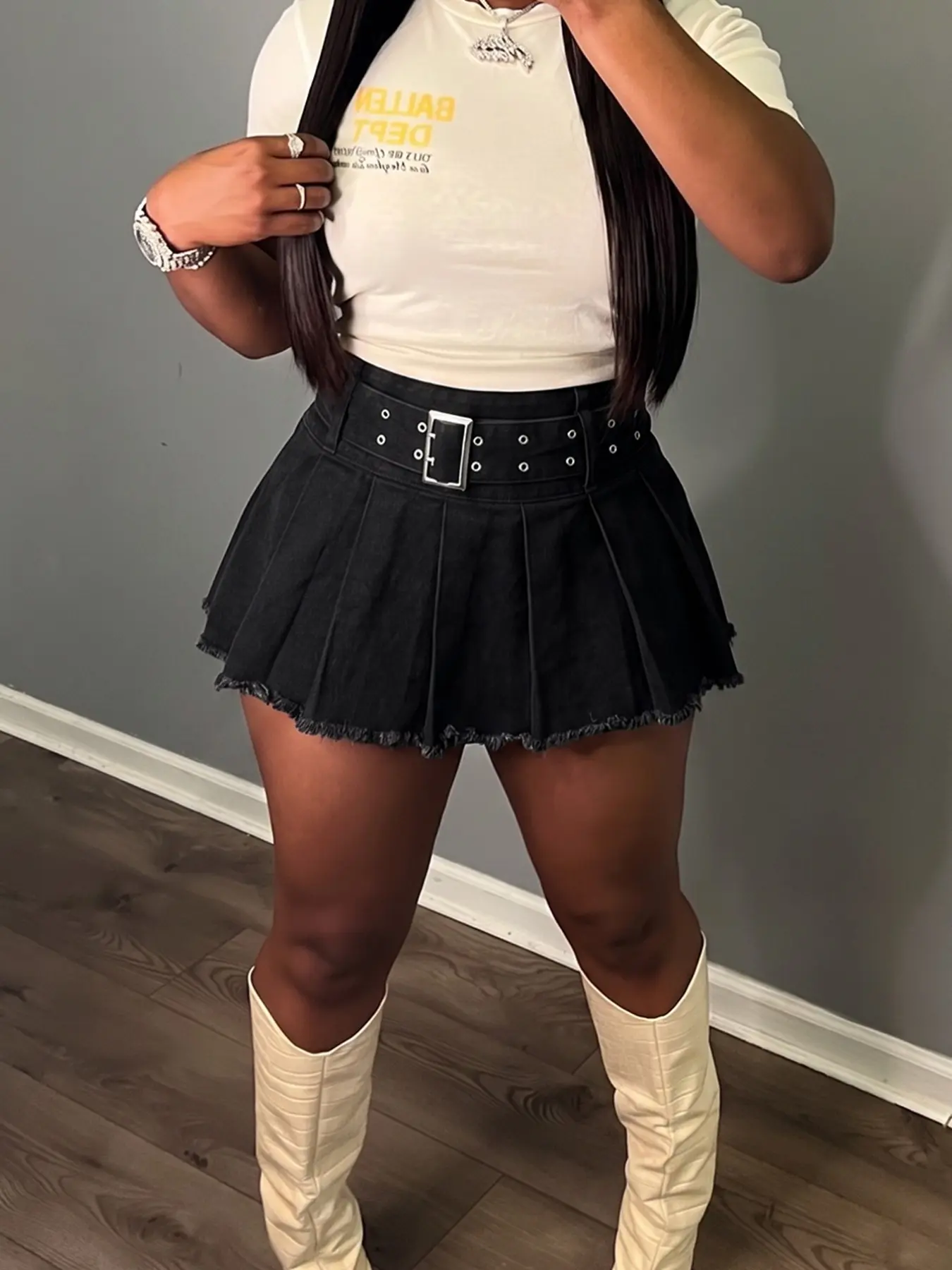 Plus Size Denim Pleated Mini Skirt, High Waist Tummy Control, Adjustable Belt Eyelet, Frayed Hem, Y2K Punk Streetwear, Festival Wear