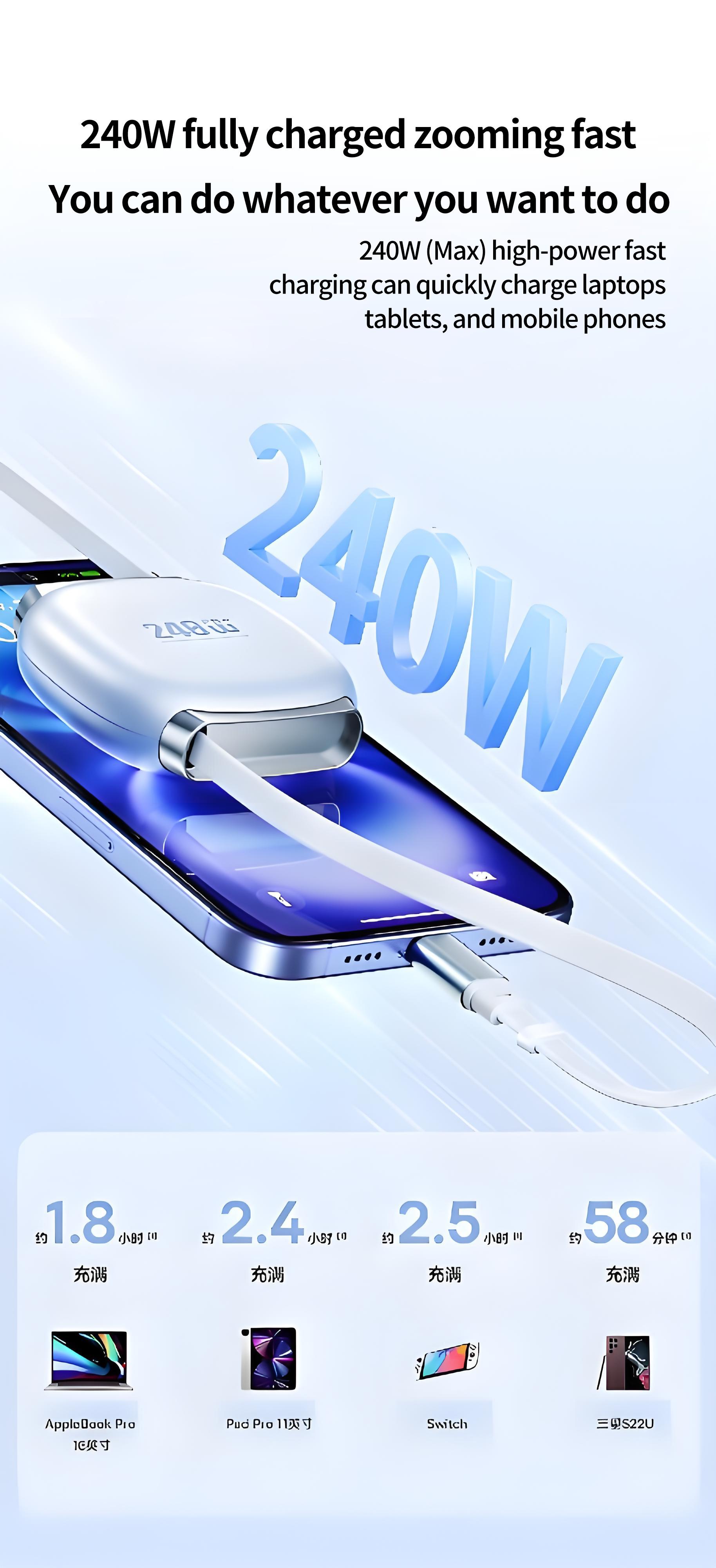 240w Retractable Fast Charging Cable USB C to C, Auto Coiling for Travel, Compatible with iPhone, Samsung, Huawei, Phone Tablet Laptop