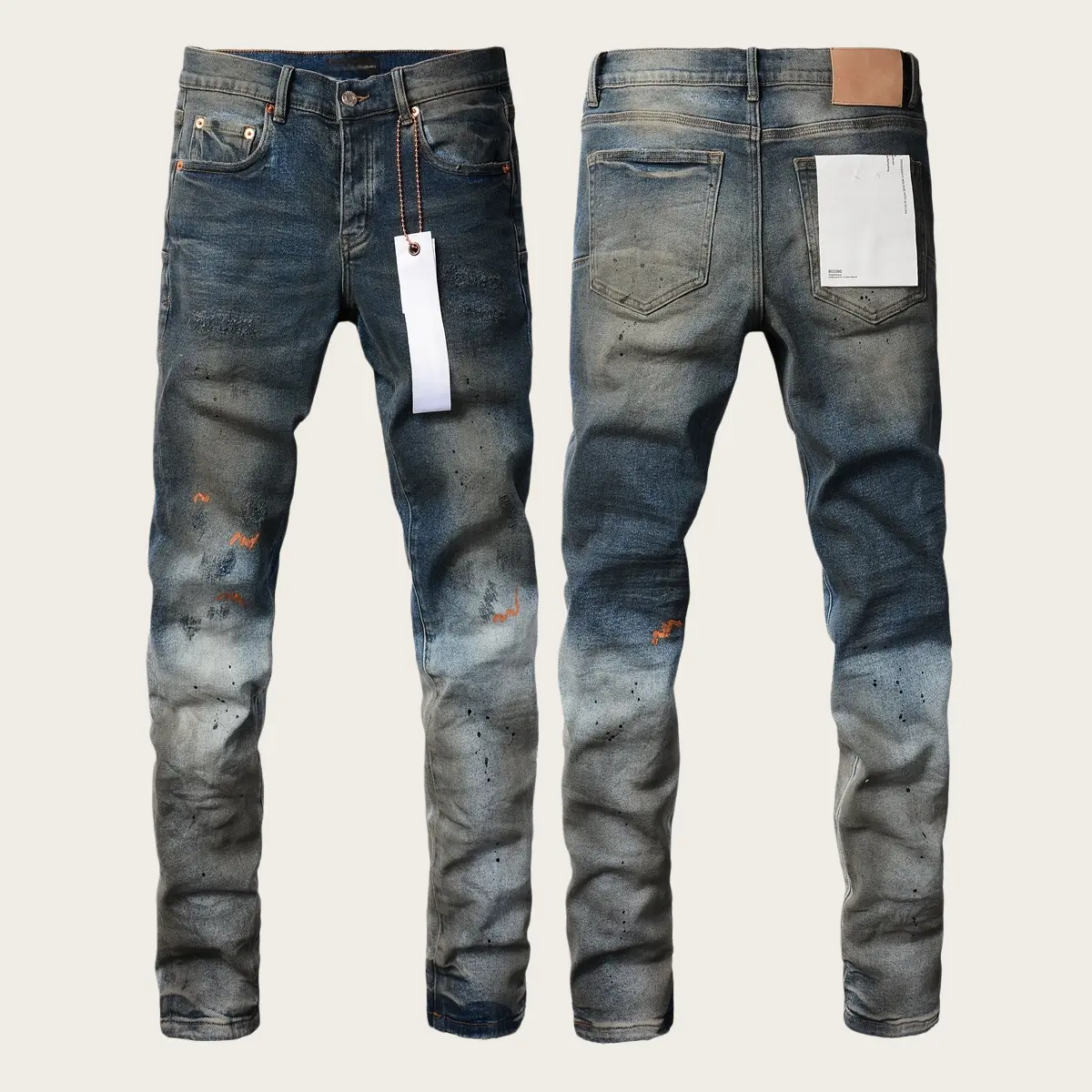 Mens Y2K Vintage Luxury Designer Stacked Jeans Trend Vintage Washed Knee Ripped Paint Splash Slim Tapered Cuff Stretch Denim New Tags US Sizes 28-40