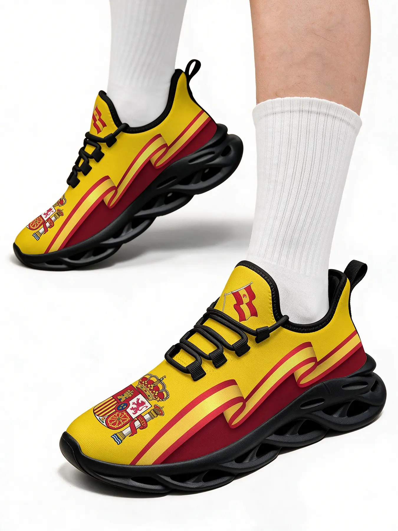 Spain National Flag Coat Of Arms Print Running Shoes Unisex Adult Sports Fan Daily Outdoor Walking Footwear Lightweight Hollow Wave Shock Absorbing Sole Breathable Non Slip Comfort Casual Sneakers