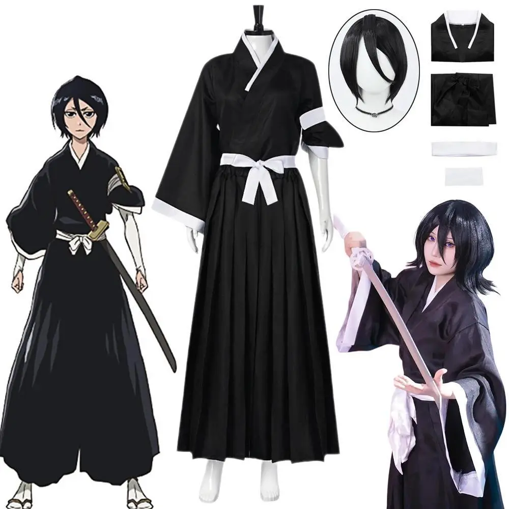 Kuchiki Rukia Cosplay Costume for Women, Black Samurai Kimono Suit from the Bleach Anime, Full Set with Wig for Halloween, Lady, Accessories