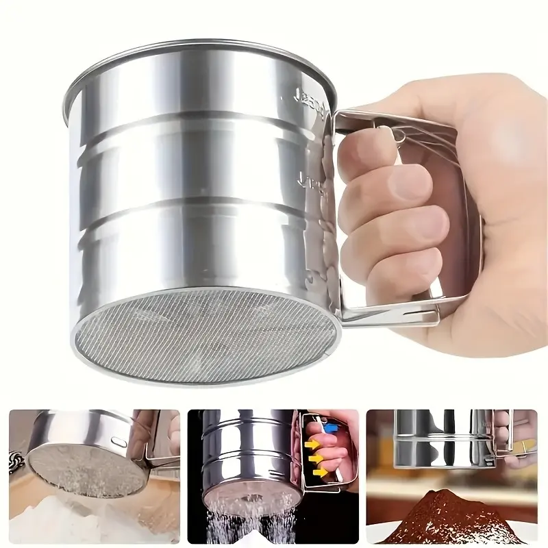 1 piece of stainless steel semi-automatic manual flour sieve: pastry sieve+2-in-1 scale measurement, stainless steel fine mesh flour filter with one hand handle - fine mesh filter will not leave impurities, kitchen tools, baking tools