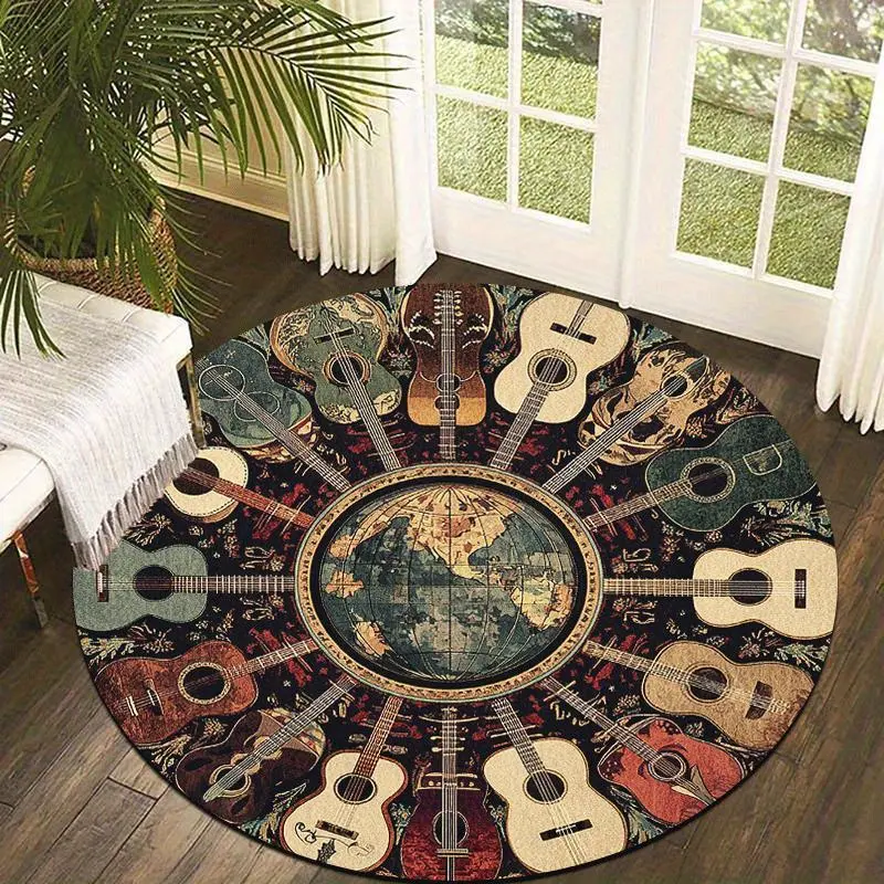 Flannel Floor Mat 2D flat 1-piece vintage guitar and world map circular floor mat, lightweight, non-slip, machine washable, home decoration, artistic style, creates a musical atmosphere, suitable for living room, bedroom, study or music room, a perfect ch