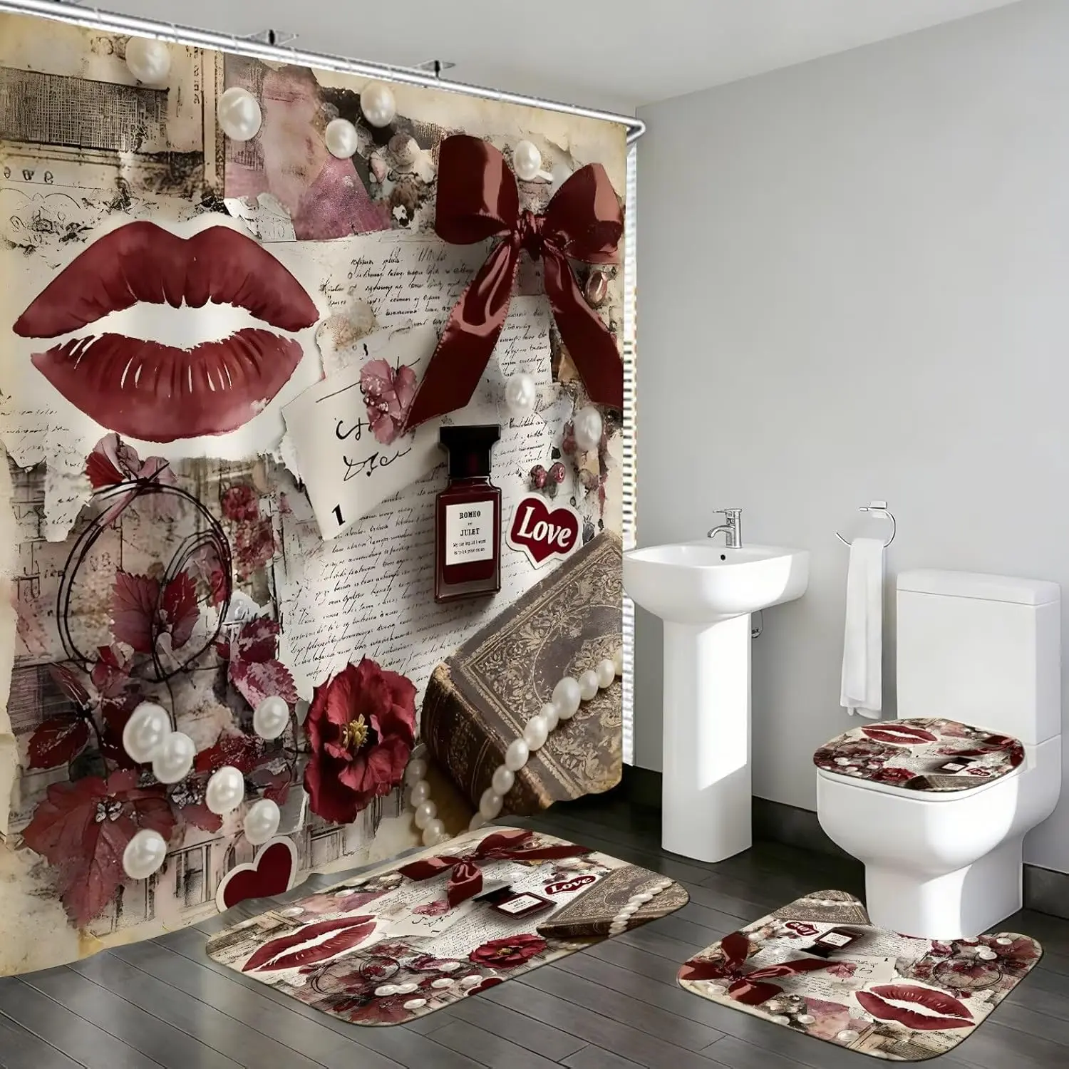 4Pcs Sexy Lip Shower Curtain Set Women Pearl Bow Bathroom Decor Set, Fashion Red Flower Perfume Bathroom Curtains Shower Set with Rugs, Girly Shower Curtain with 12 Hooks