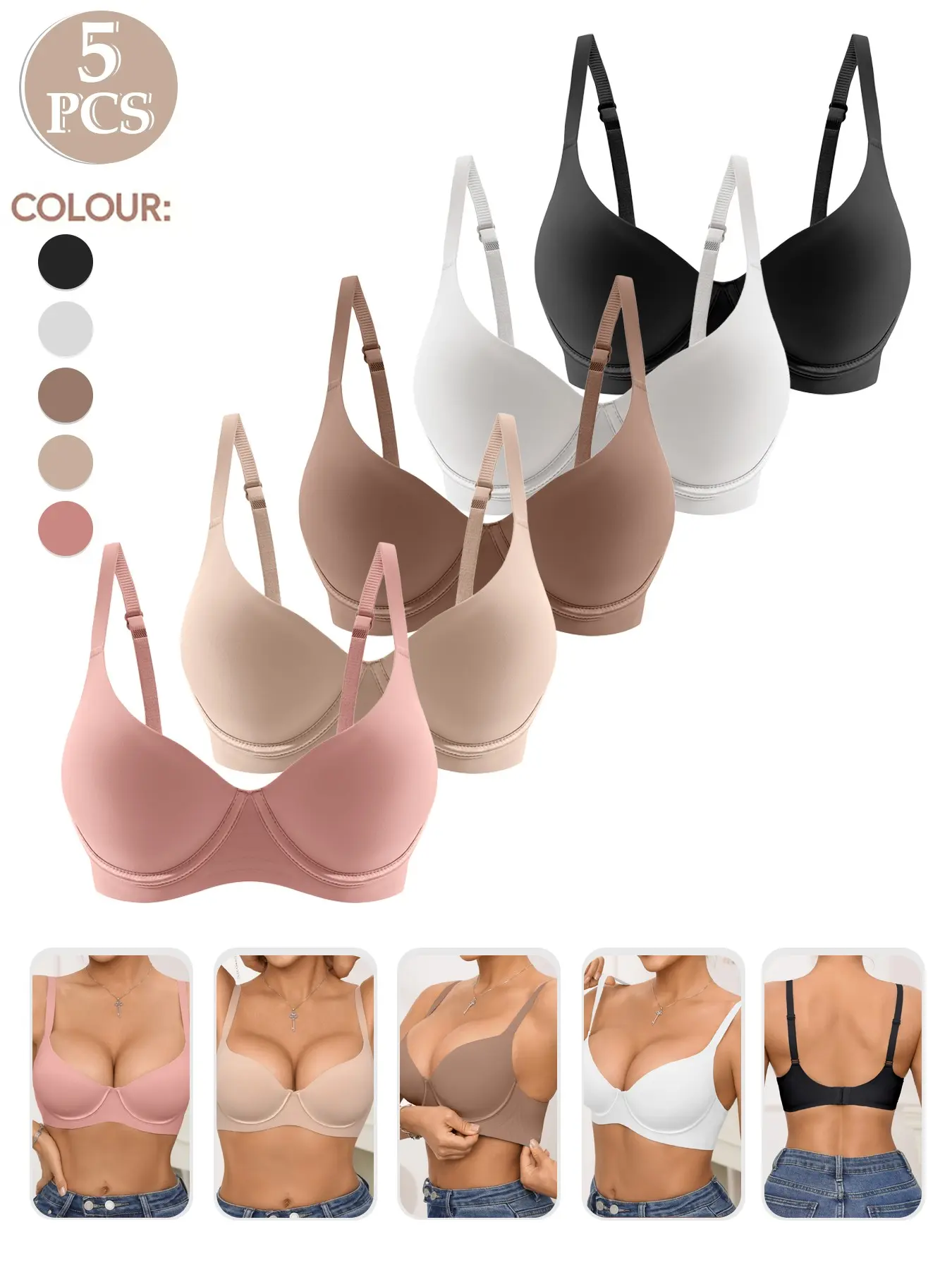 1/2/3/4/5pcs Women's Everyday Push-Up Jelly Bra Brassiere with High Support Underwire and Buckle, V-Neck Design, Unlined Casual Style, All Season Wear, Fitted Comfort