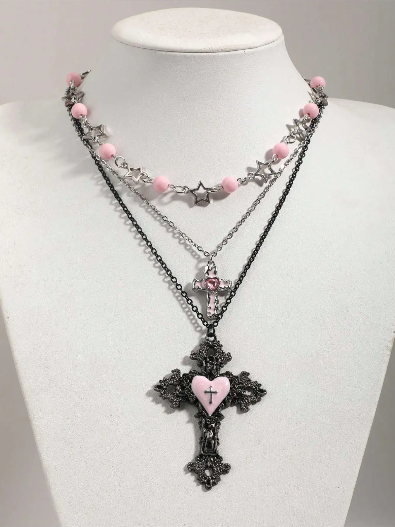 3pcs Vintage Gothic Star Beaded Alloy Necklace Set, Unique Design Rose Flower, Heart Pendant Choker Necklaces, Versatile Y2K Accessories For Women