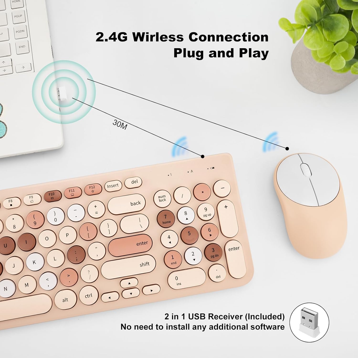 Keyboard and  Combo, Retro Typewriter Keyboard with Round Keycaps, 2.4GHz USB Cute  Keyboard  for Computer, Desktop, Laptop (Milk  Colorful)
