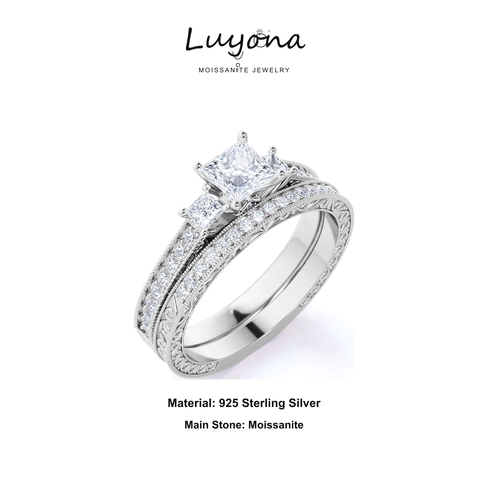 Women's Moissanite Wedding Rings Set 925 Sterling Silver 3 CT D Color VVS2 Princess Cut Engagement Ring
