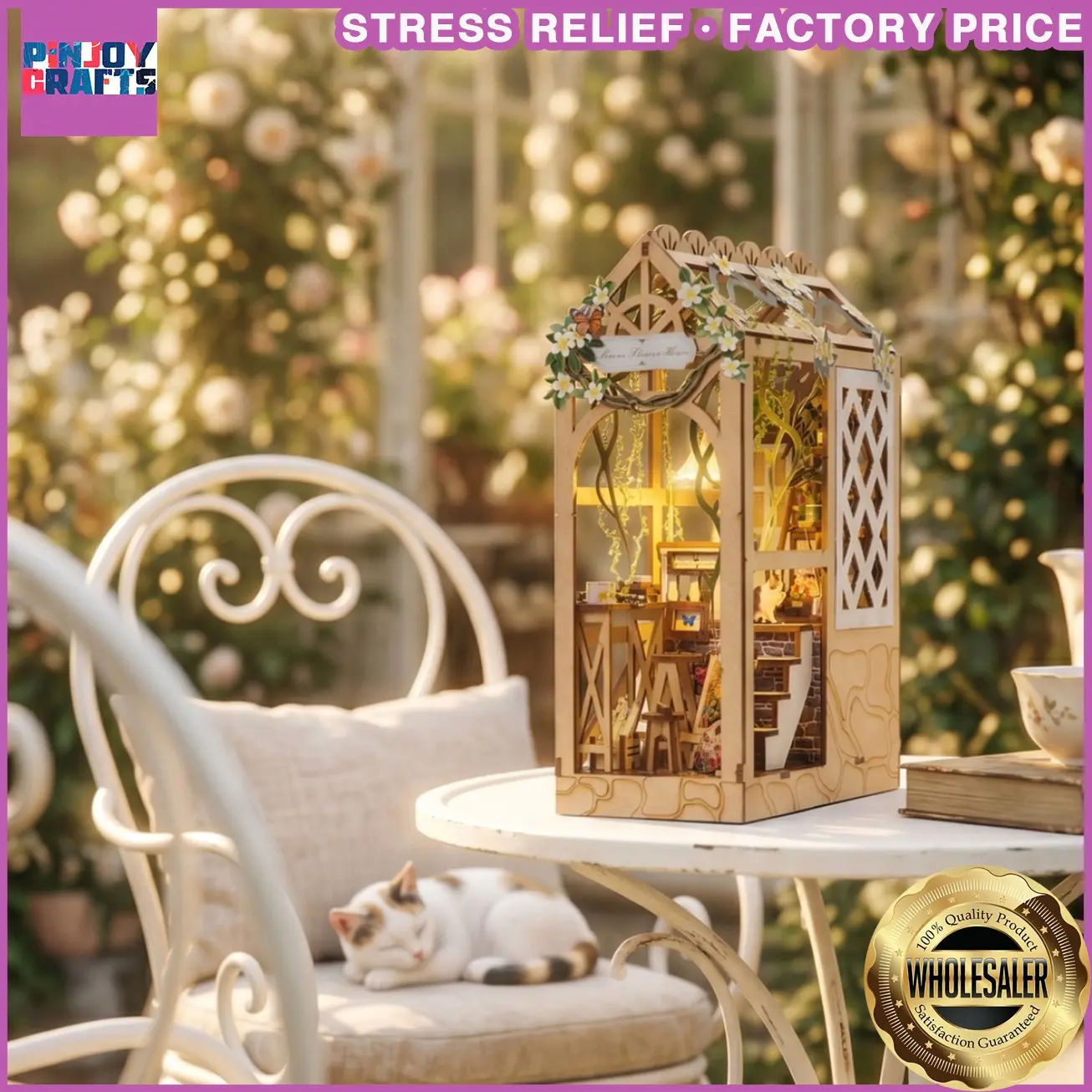 3D Wooden Serene Flower House Book Stand Set, DIY Wood Puzzle, Desktop Decor, Bookshelf Model, Gift for Family and Friends, Ages 13+