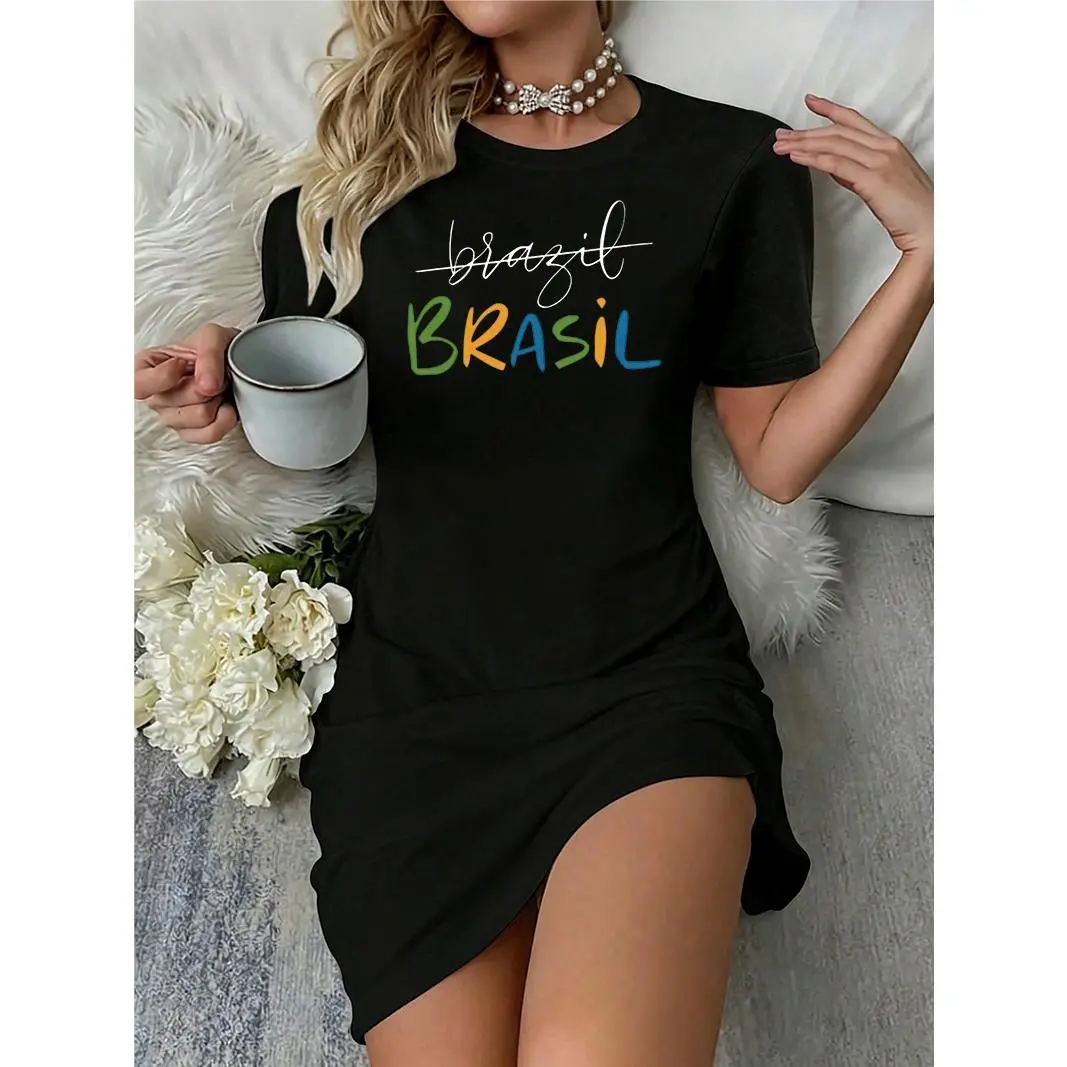 Women's Oversized Spandex-Polyester Blend T-Shirt Dress - Short Sleeve, Loose Fit, Dual Font Script Lettering Graphic, 300g, Mini Length, Brazil-Inspired Streetwear, Breathable, Lightweight, Daily Casual Wear, Cold Wash, Women's Casual Dresses