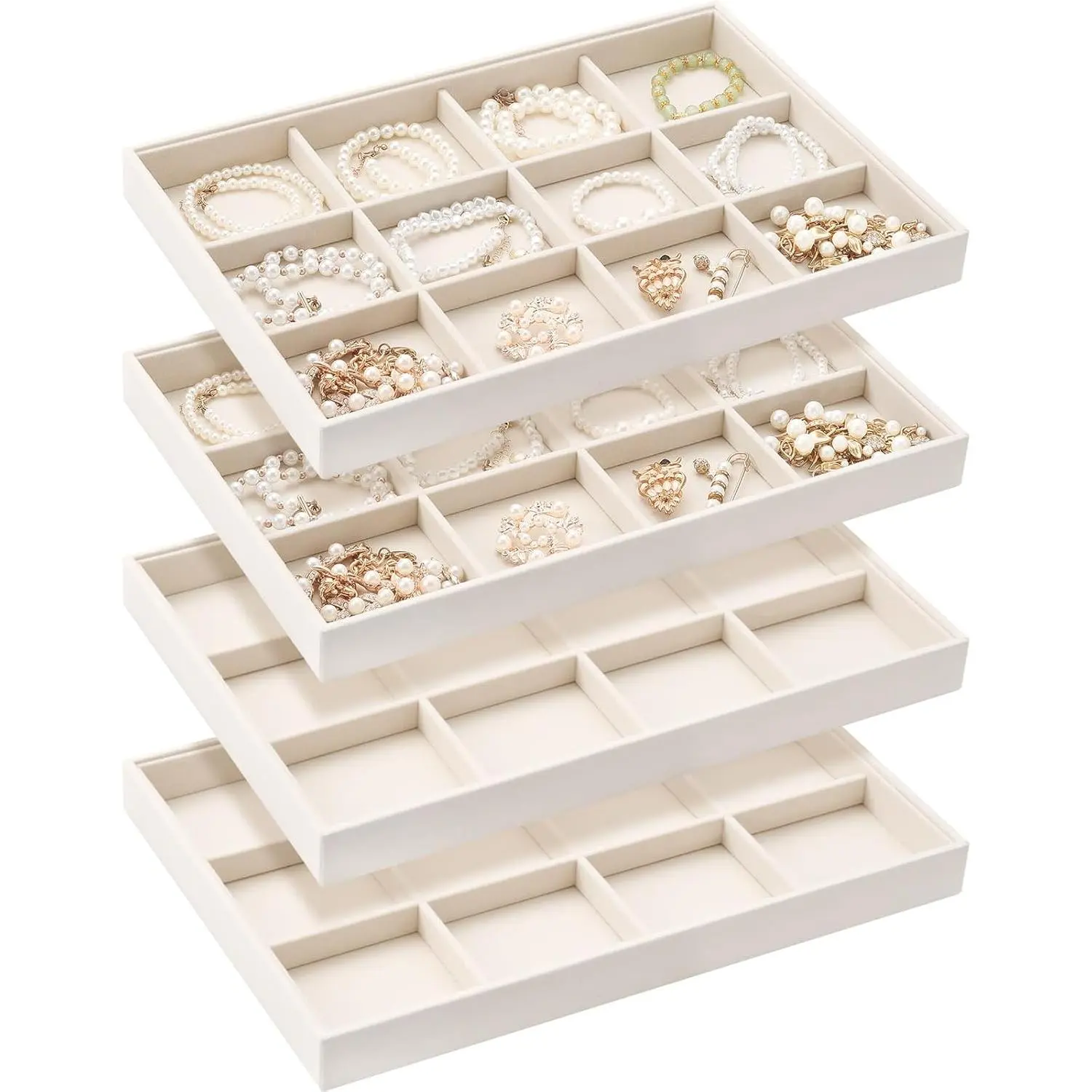 4 Pcs Stackable 12 Grids Jewelry Organizer Tray Velvet bracelet holder Tray Stackable jewelry Organizer Trays for Drawer bracelet display for Selling Bangle Necklace Earring Ring Showcase
