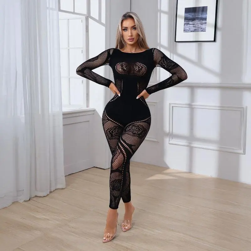 Women's Basic Rose Floral Hollow High-Waist Seamless Thick-Knit Slim Full Bodysuit, Lady, Tops, Funky, Peppy, Glamorous, Anniversary, Romantic, Baroque, Ethnic