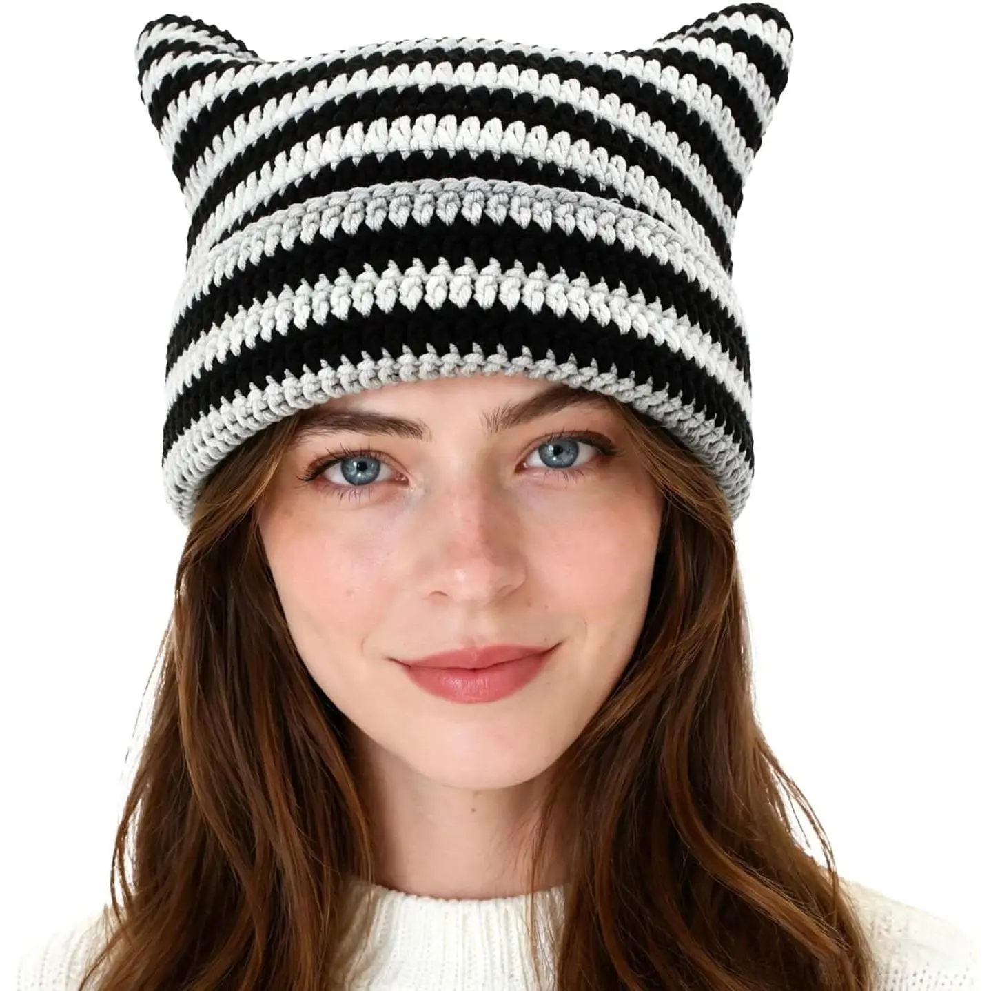 Crochet Hats for Women Cute Cat Ear Knitted Hat Soft Knit Hat Vintage Cuffed Slouchy Beanie for Women