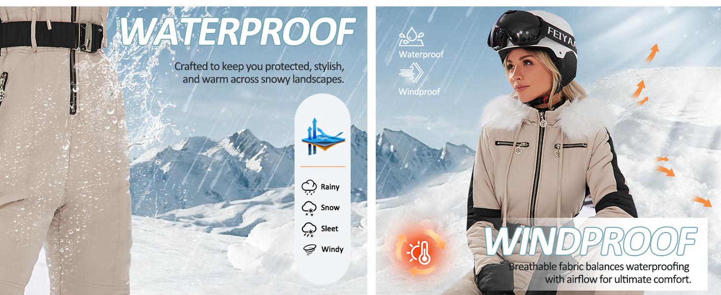 Yousify Womens Snow Suits Winter Ski Suit Onesie Outdoor Sports Waterproof Snowsuit Removable Faux Fur Collar Coat Jumpsuit