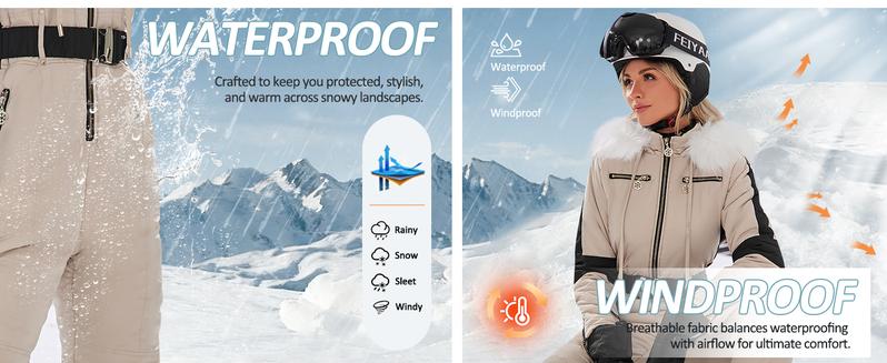 Yousify Womens Snow Suits Winter Ski Suit Onesie Outdoor Sports Waterproof Snowsuit Removable Faux Fur Collar Coat Jumpsuit