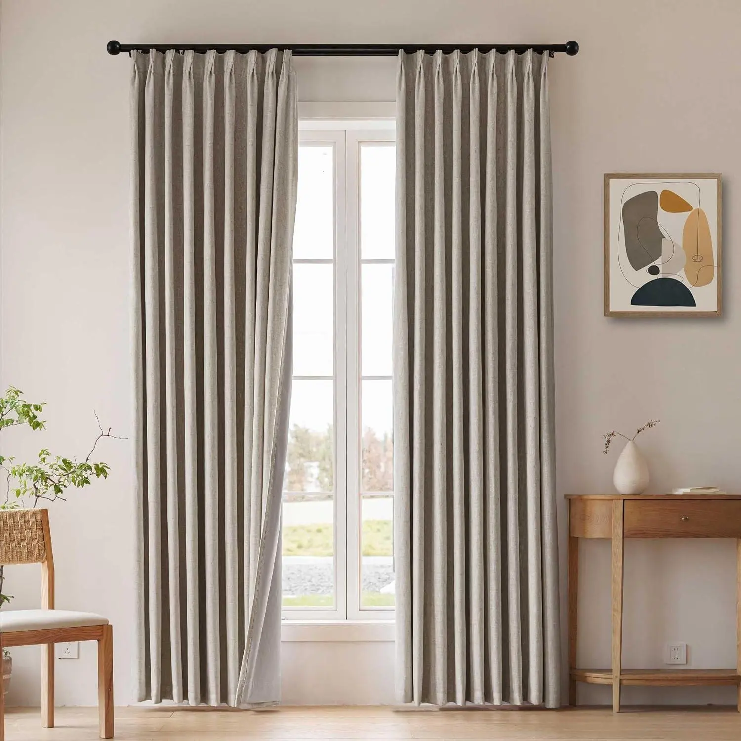 Sand Pinch Pleated Full Blackout Curtains, Flax Linen Blend Noise Reduction Thermal Insulated Drapes for Living Room, Bedroom, , , with Hooks and Rings 2 Panels, 40" Wx84 L