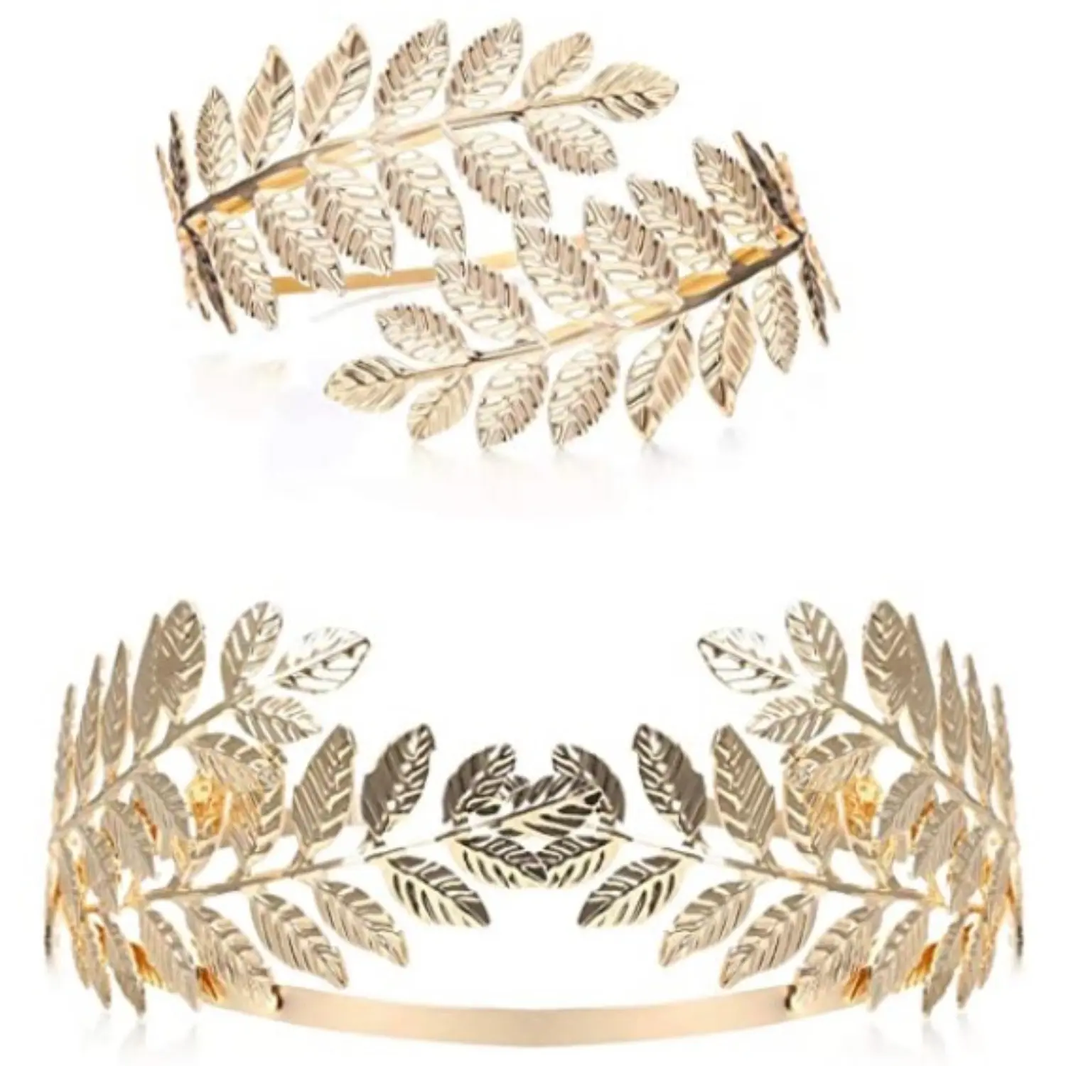 Women's 2-Piece Gold-Plated Metal Leaf Jewelry Set - Adjustable Headband & Arm Cuff, Leaf Motif, for Toga Costume, Halloween Party, Wedding, Casual Wear