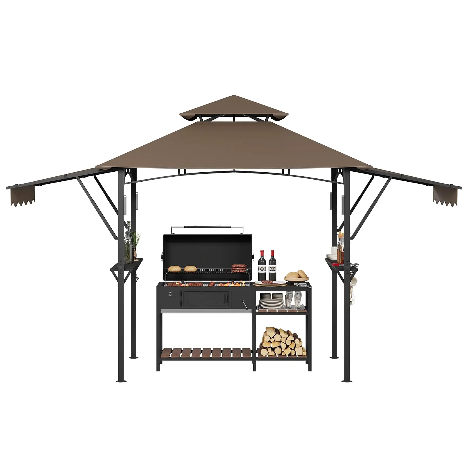GARVEE 8x5 BBQ Canopy Grill Gazebo with Dual Side Awnings for Outdoor Backyard Use, Coffee Color