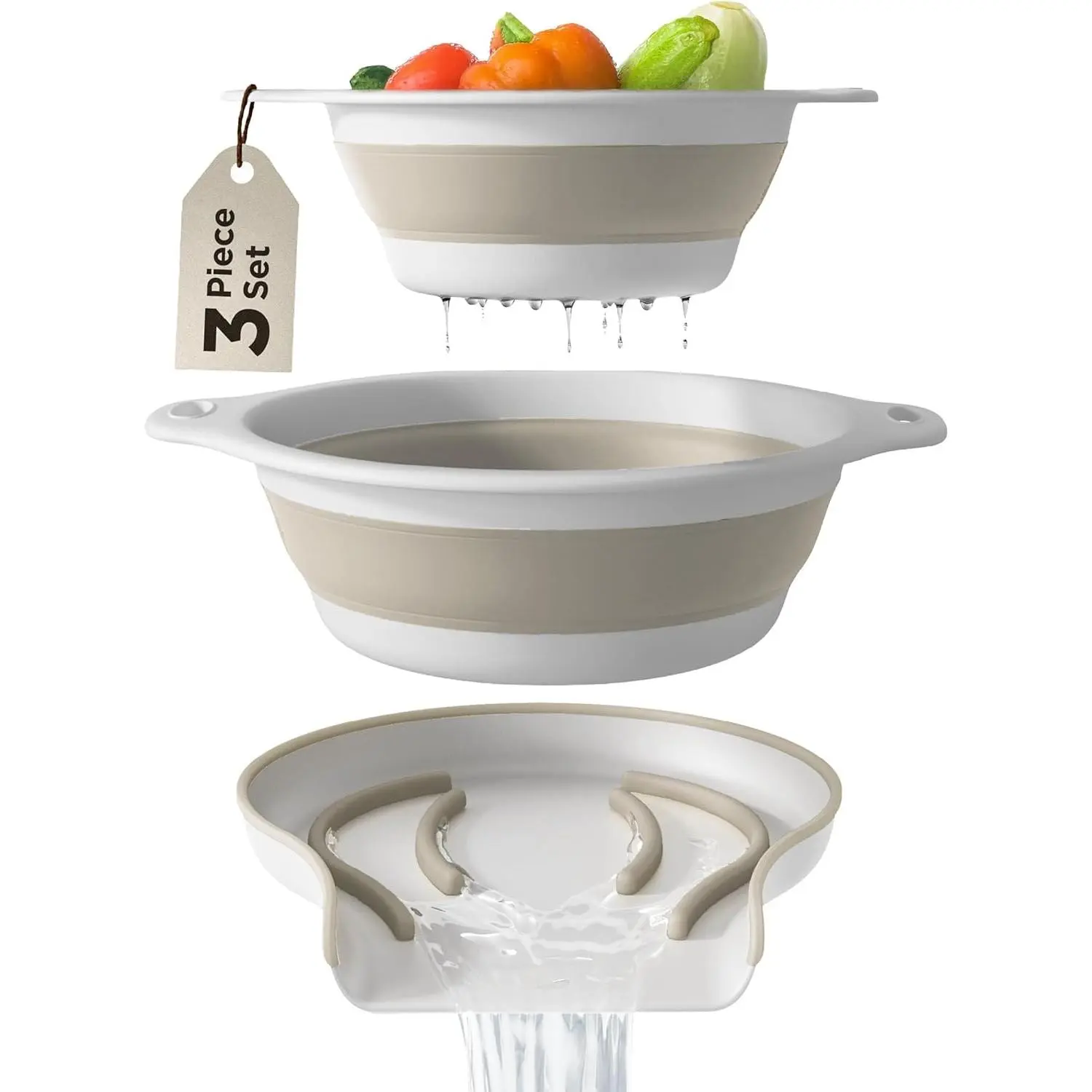 3-Piece Foldable Colander Set, BPA-Free Kitchen Strainers with Self-Draining Tray, Space-Saving Baskets for Pasta, Fruit, and Vegetables