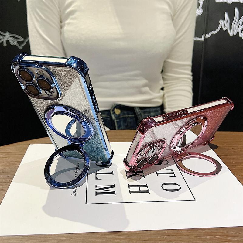 OREKROY Mirror Bling Case Ring Kickstand MagSafe Cover For iPhone 16 Pro Max 15 14 13 12,Anti-fall Shockproof Bling-bling twinkle Phone Cover,Phone Accessories