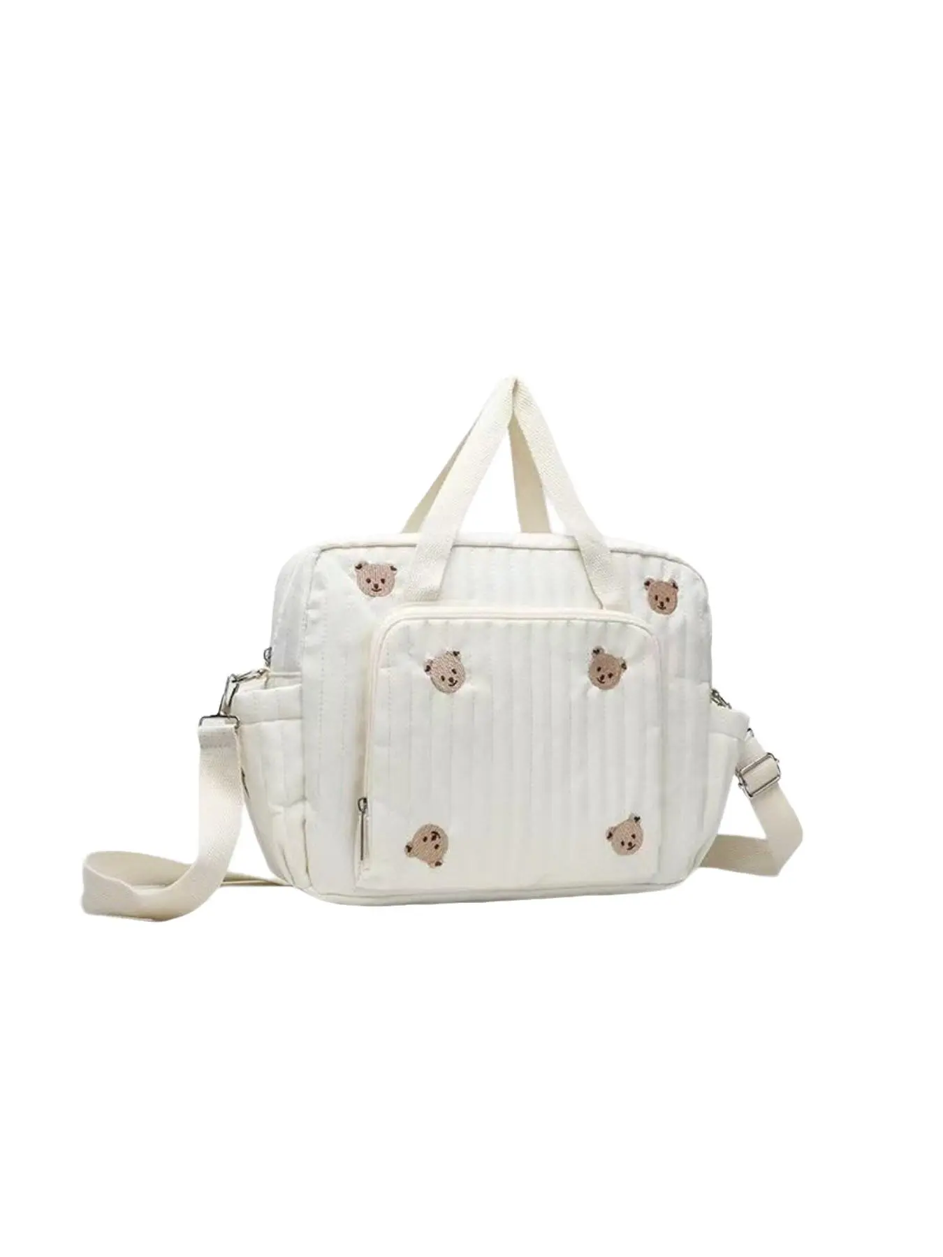 Medium Quilted Mommy Diaper Bag, Cute Bear & Tulip Embroidery, Multi Compartment, Adjustable Strap, Stroller Hangable, Baby Care Tote, Diaper Purse, Diaper Travel Bag