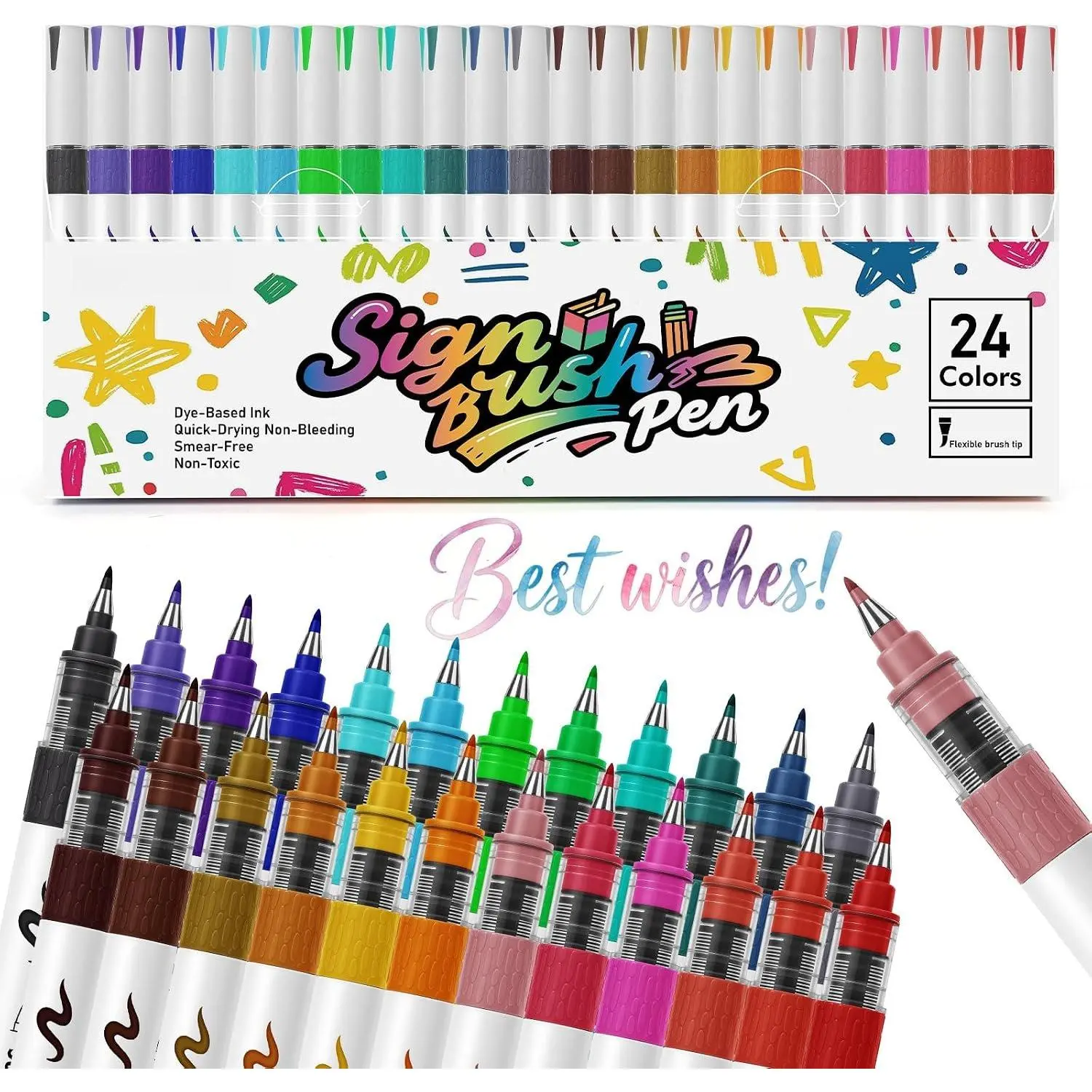 24 Colors Arts Sign Brush Pens, Felt Tip, Water-Based Ink | For Hand Lettering, Journaling, Art Drawing & Calligraphy – Flexible Brush Tip,Blendable Colors, Beginner Friendly
