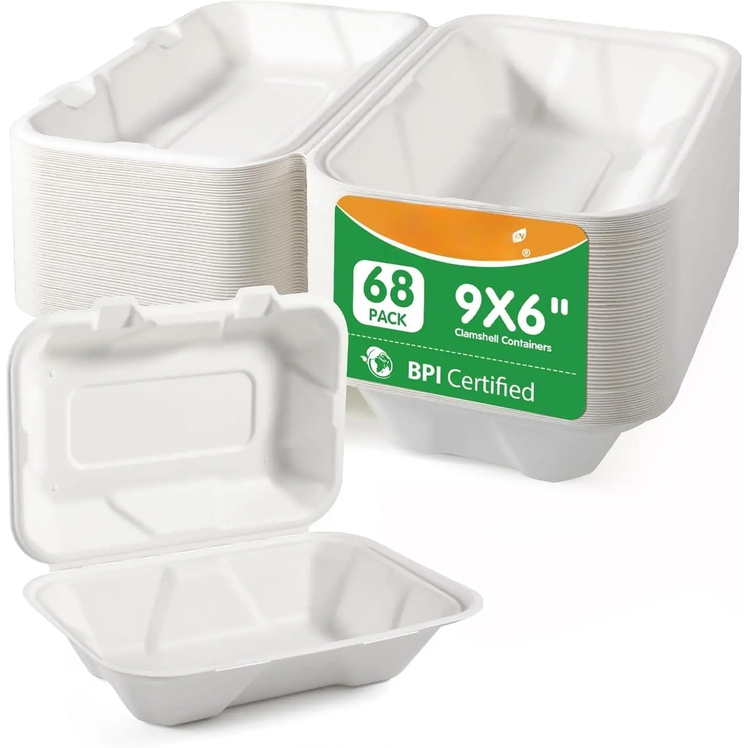 9x6x3 Inch 68 Pack Clamshell Take Out  Containers, Compostable Disposable Paper To Go Boxes with , Heavy Duty Sugarcane Bagasse Lunch Boxes for Leftovers, Meal Prep & Takeout, White