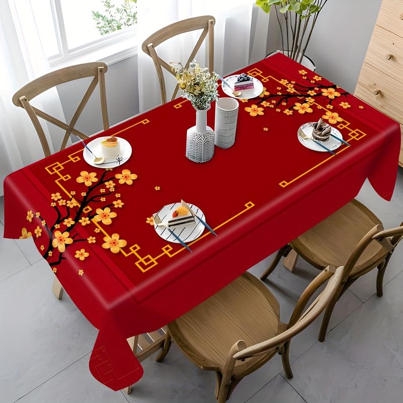 A Flat 2D Banner, 1pc of Red Plum Blossom Tablecloth - a Traditional Chinese Square Polyester Table Cover with a Golden Branch Design, Made from Machine-Washable And Easy-To-Clean Material, Suitable for Indoor And Outdoor Parties
