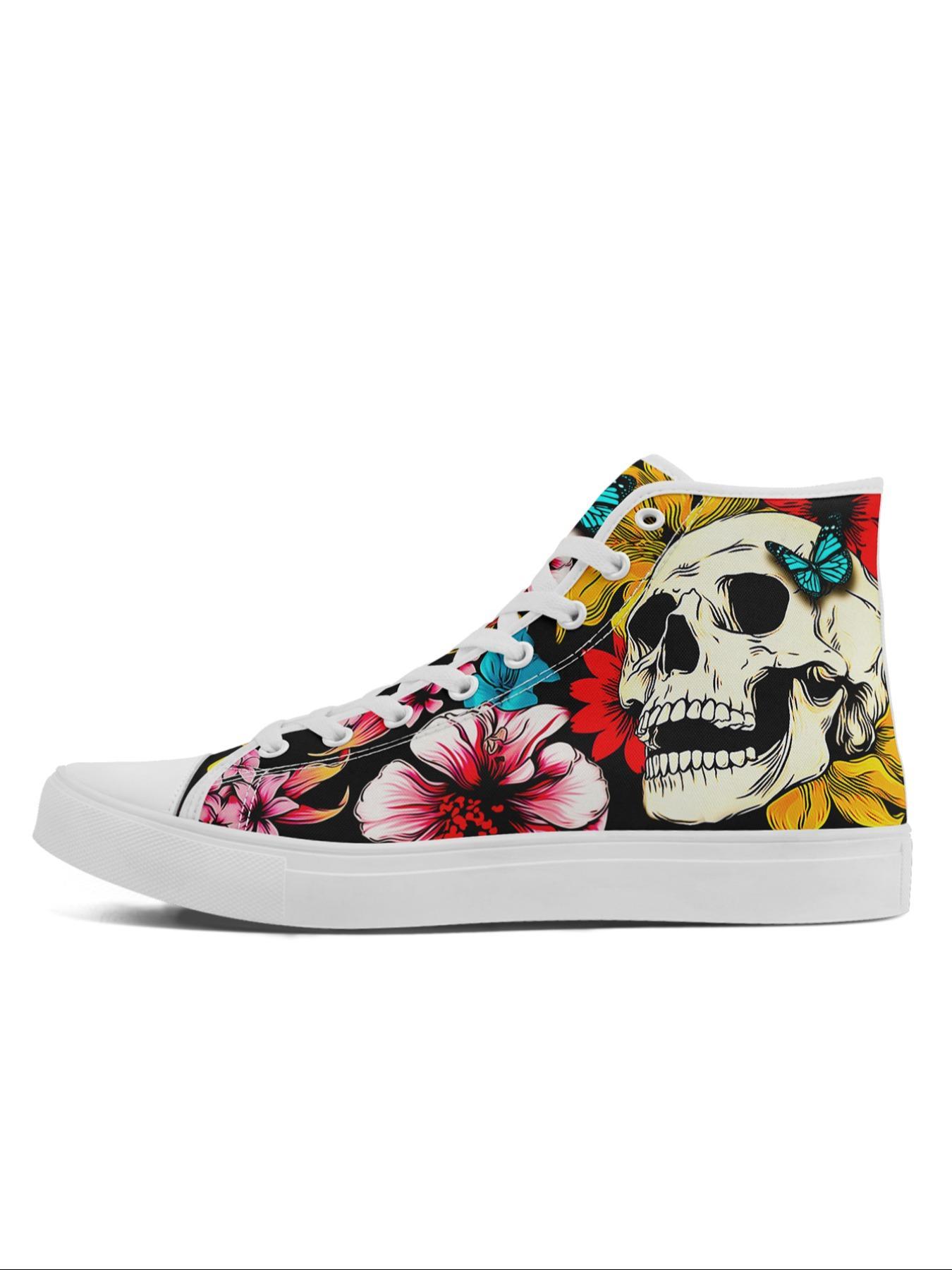 Women's Halloween Themed Lace Up Sneakers, Cartoon Ghost/Skull & Floral & Butterfly Print High Top Canvas Shoes, Casual Comfortable Lightweight Athletic Sports Shoes for Daily Wear
