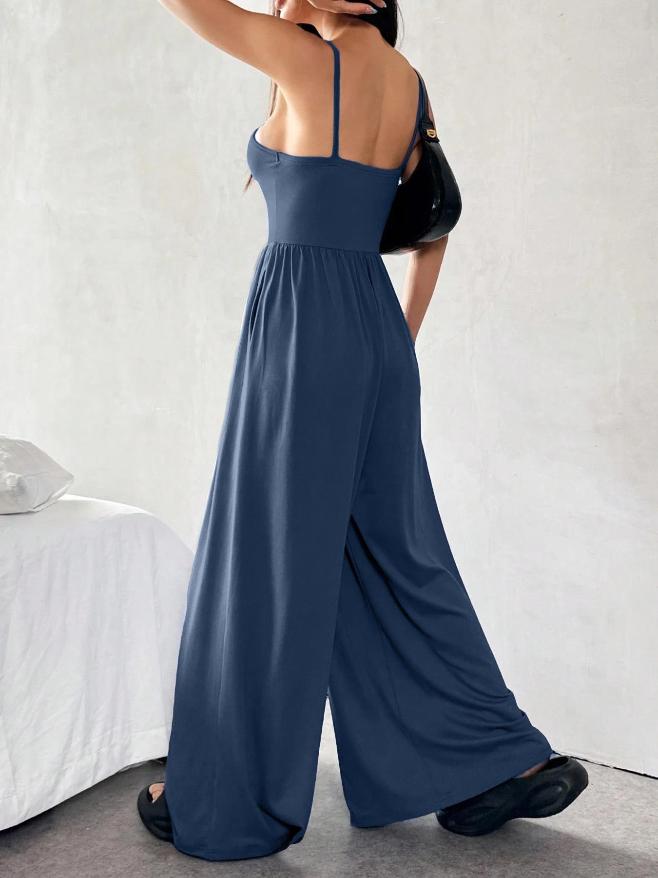 Women's Solid Color Cami Jumpsuit, Casual Comfy Wide Leg Jumpsuit for Summer, Women's Jumpsuit for Daily Wear