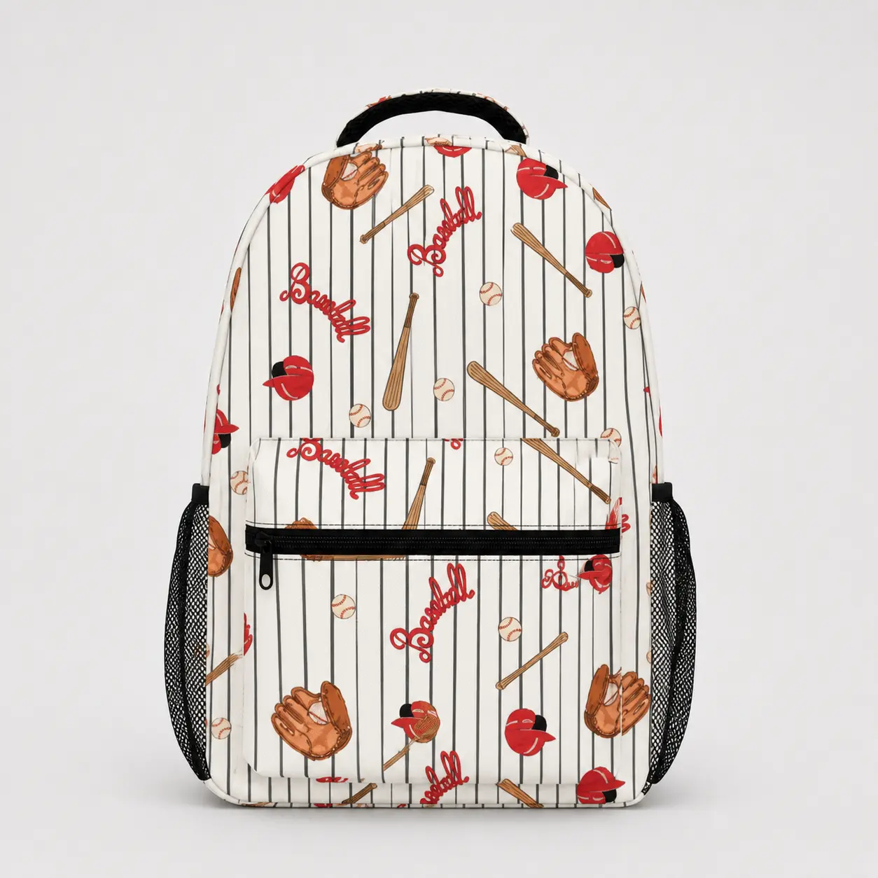 Vintage Baseball Print Backpack, Pinstripe Sport Theme Daypack with Front Zipper Pocket, Dual Mesh Side Pockets, Top Handle and Adjustable Shoulder Straps for School, Work, Travel and Game Day