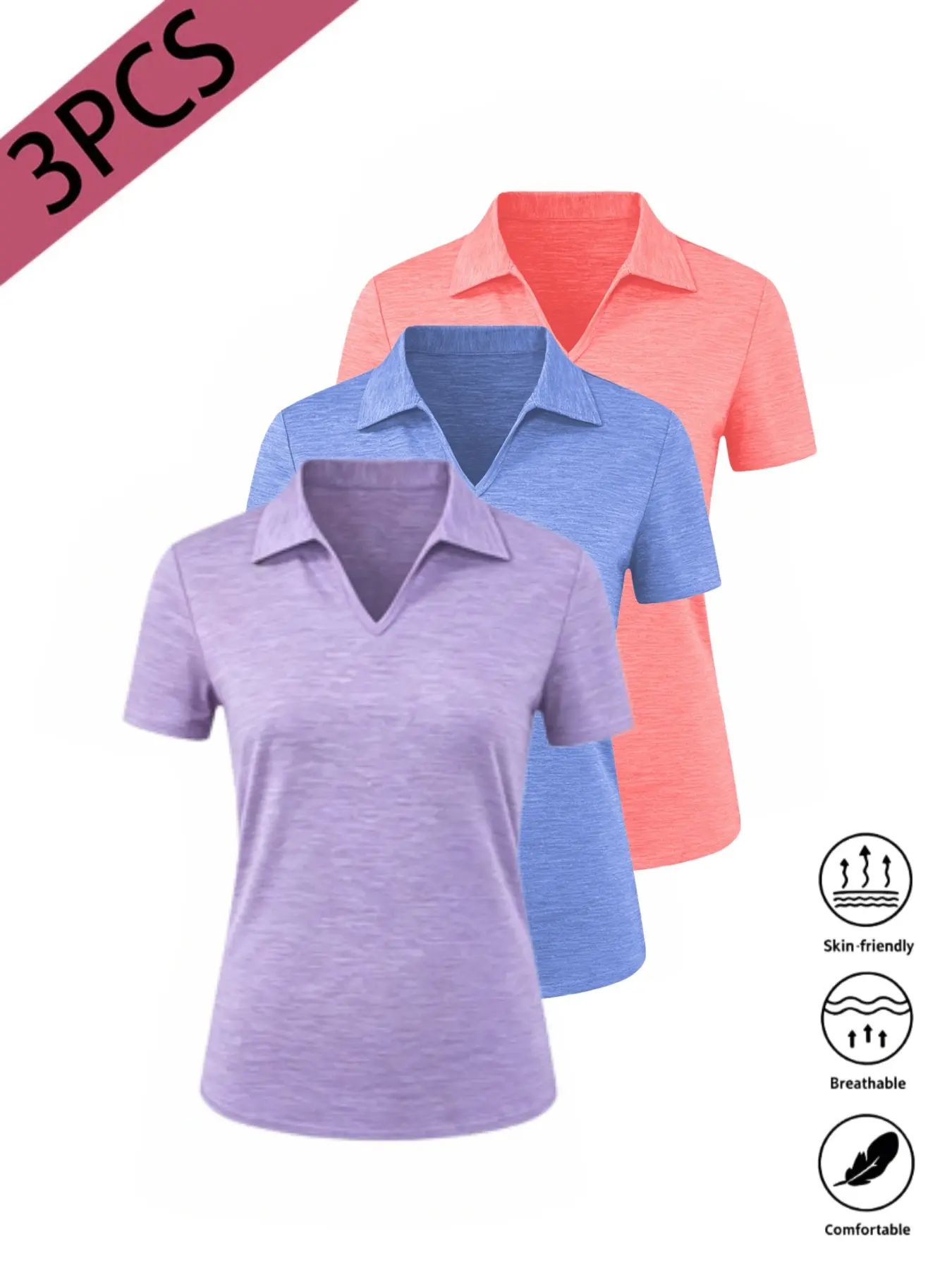 3-Pack Women's Spring Summer Casual Sport Polo Shirts, Soft Stretch Breathable V Neck Top, Ideal for Tennis Fitness Running Hiking