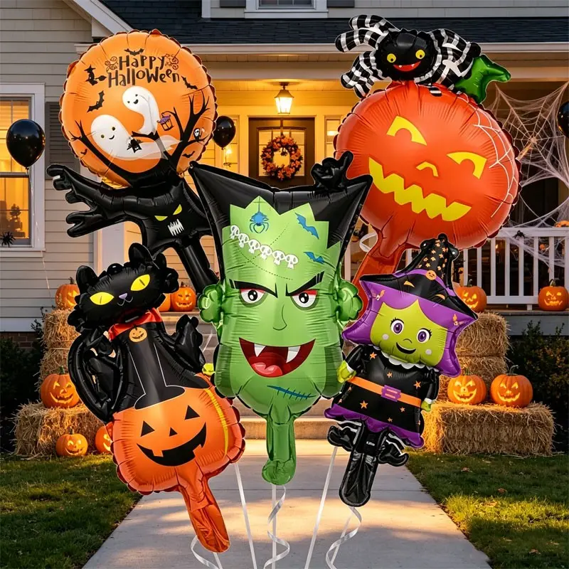 7/12 Pieces Halloween Aluminum Foil Balloons Set, Contains trumpet，Witch, monster head, pumpkin cat, Pumpkin Spider，ghost tree, Ideal for Halloween event decorations, trick-or-treating,Halloween Party Decoration Guide, Halloween Classroom Decoration