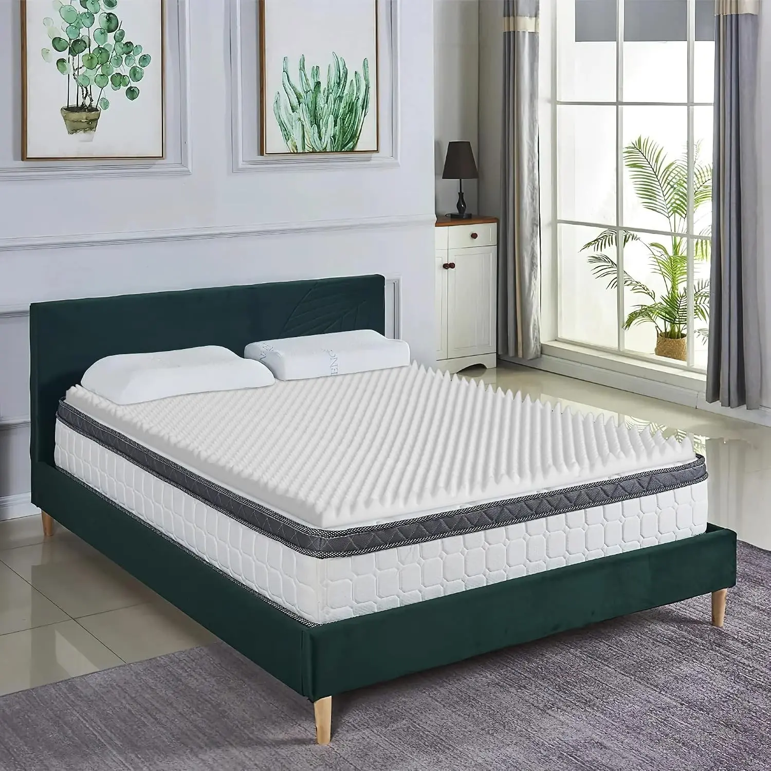 Queen 1 Inch Convoluted High Density Foam Mattress Topper, CertiPUR-US Certified, Green, Superior Comfort & Support