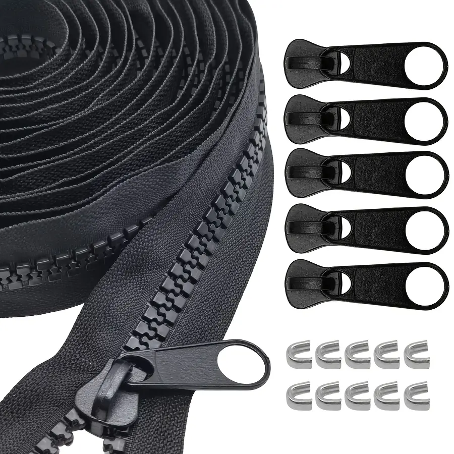 1 yard, 3 yards, 5 yards, size 10 heavy-duty large plastic zippers, sold in bulk by the yard in black, equipped with 5 long sliders and 10 top stops, suitable for DIY sewing crafts, canvas bags and tents