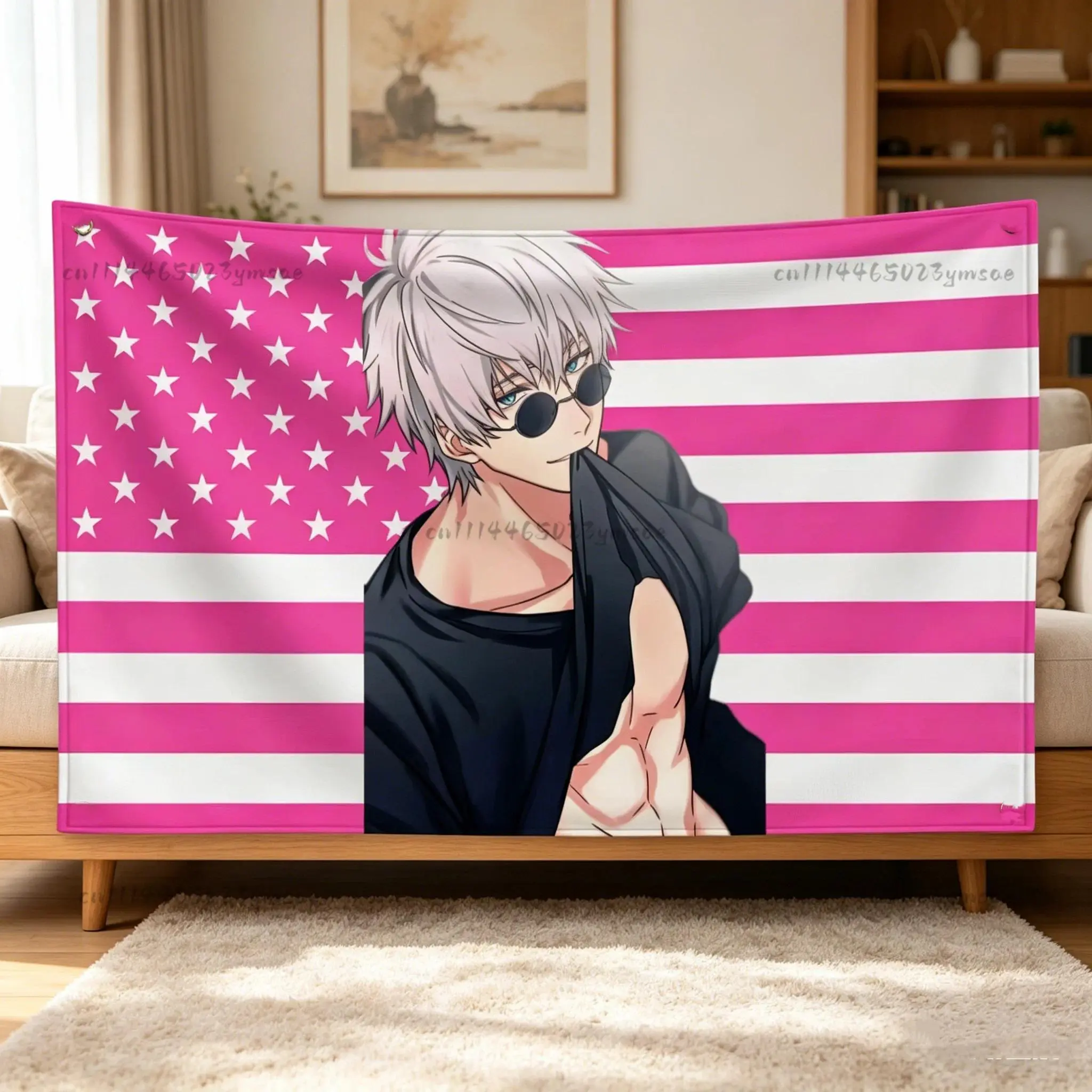 Anime Jujutsu Kaisen Pink American Flag Tapestry - Wrinkle-Resistant Decorative Bedroom Background Cloth for Gojo Satoru, Geto Suguru, Itadori Yuji Fans, Housewarming, Birthday, Christmas Home Decor Banner, Synthetic
