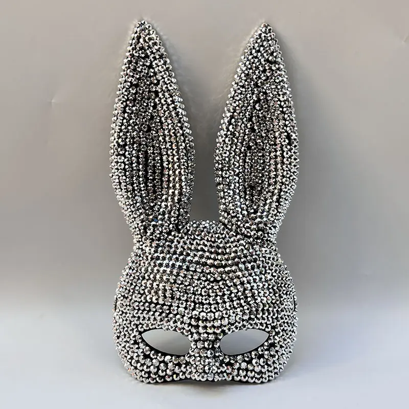 Rhinestone Bunny Mask, Bling Crystal Rabbit Long Ear Full Face Mask, Women Masquerade Mask for Halloween Carnival Cosplay Party Costume