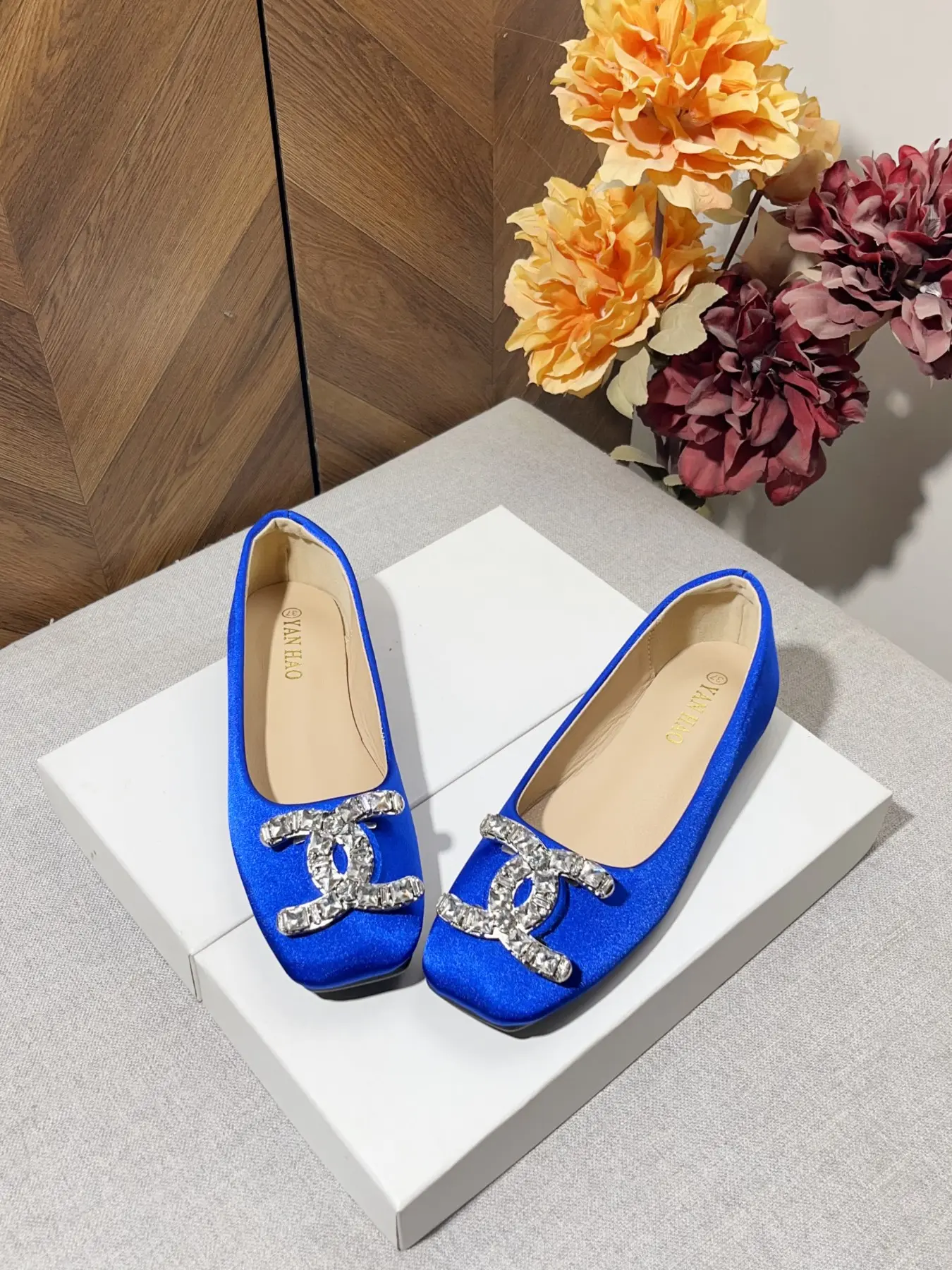 Women's Satin Square Toe Flat Shoes, Rhinestone Double C Decor, Comfortable Soft Sole, Versatile Dress Shoes for All Seasons Footwear