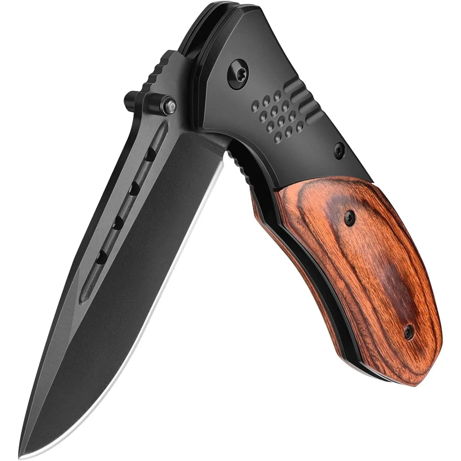 Pocket Knife for Men - Sharp Blade Wood Handle Pocket Folding Knives with Clip, Glass Breaker - EDC Knives for Survival Camping Hunting Fishing Hiking Women, Large, Black