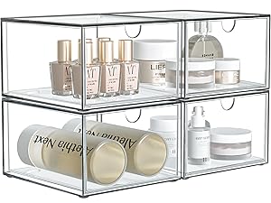 Stackable Drawer Storage,4Pack Clear Drawer Bins for Vanity,Bedroom and Bathroom Storage,Kitchen Cabinet Organized,Makeup Organizer for store cosmetics and skincares. Boxes